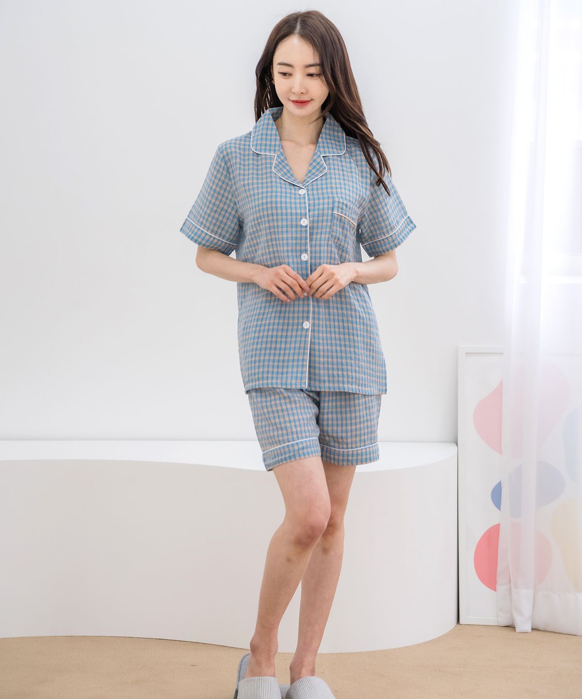 에이원(AONE) [SET] 여성 상큼 체크 반팔 상하 잠옷