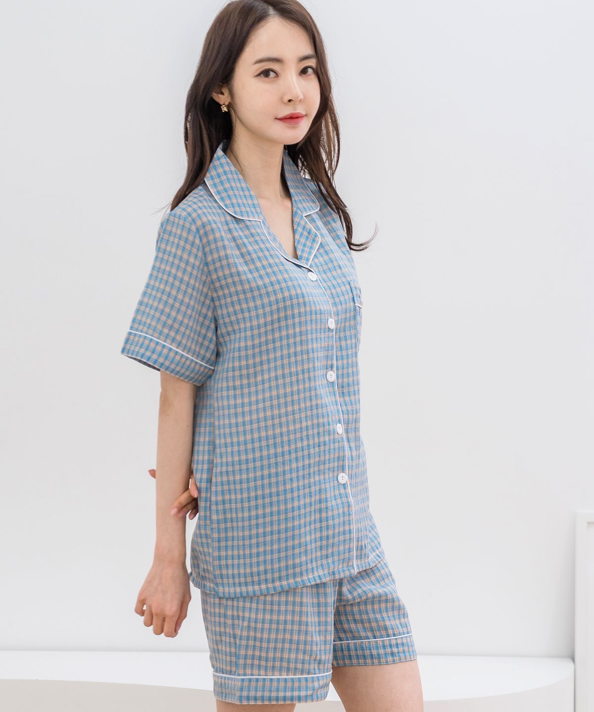에이원(AONE) [SET] 여성 상큼 체크 반팔 상하 잠옷