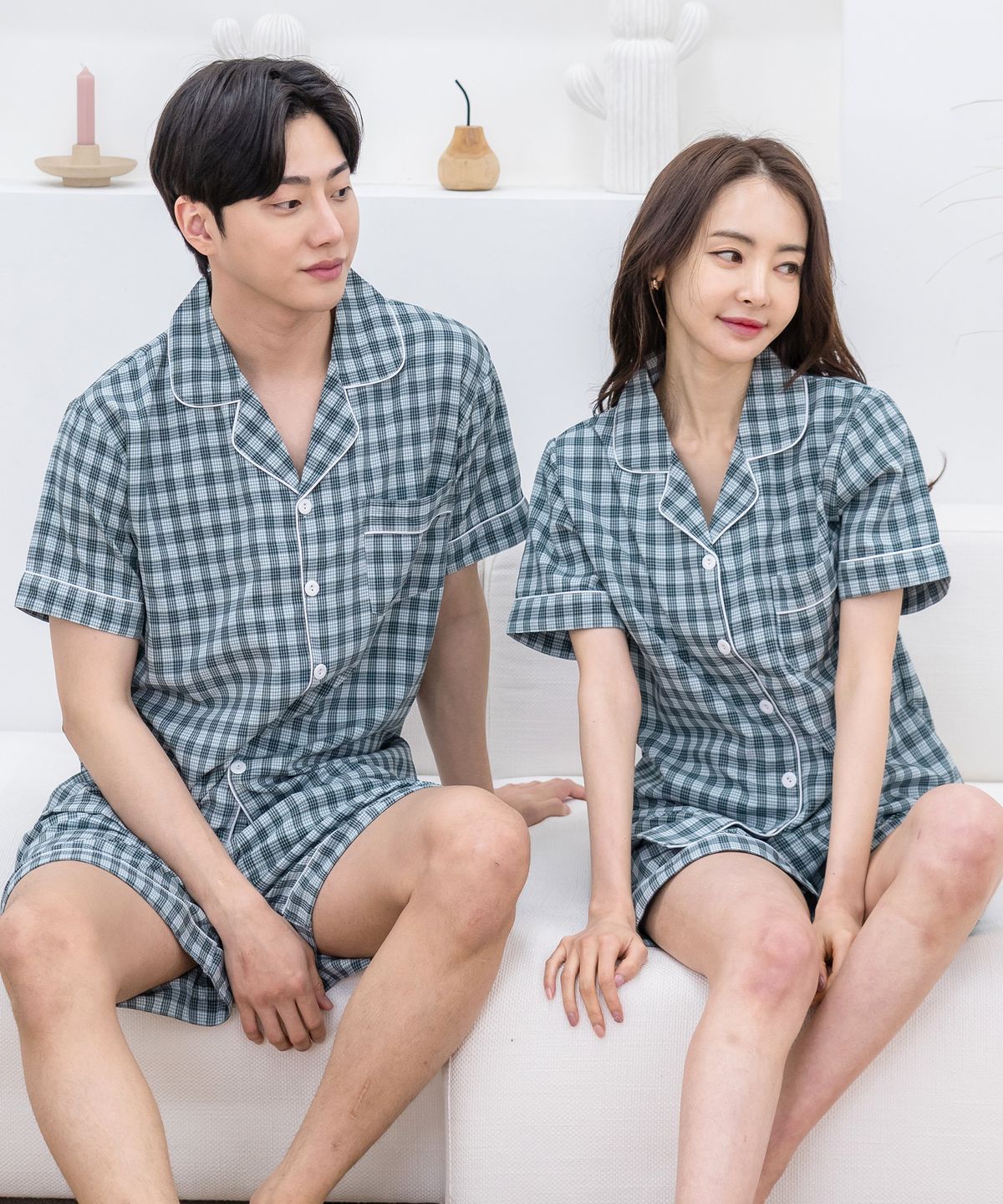 에이원(AONE) [SET] 커플 모노 체크 반팔 상하  잠옷
