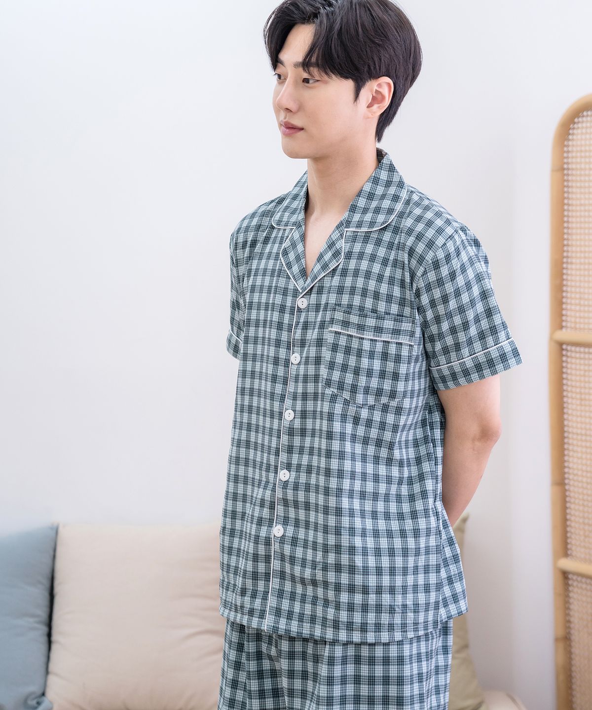에이원(AONE) [SET] 커플 모노 체크 반팔 상하  잠옷