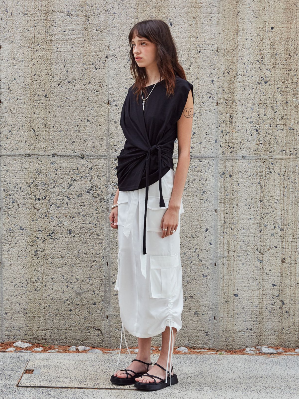 뮤제(MUSEE) DESSINE Draped Sleeveless Jersey Top-Black