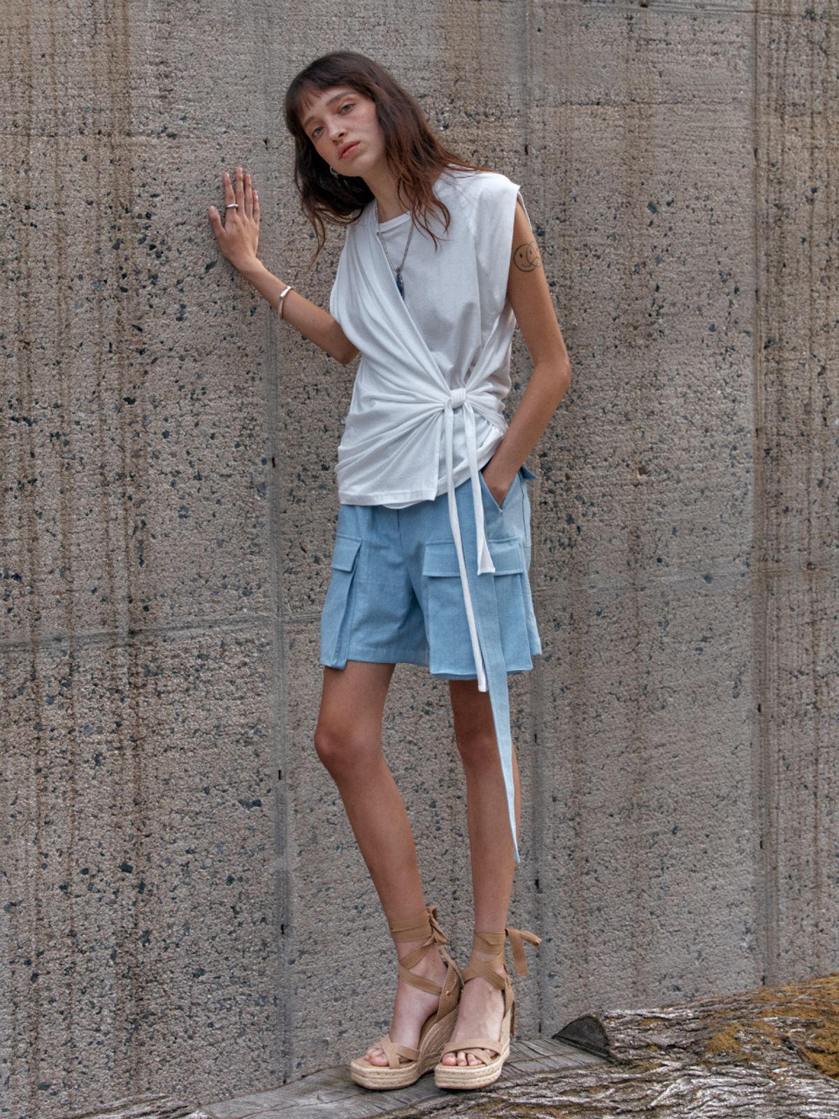 뮤제(MUSEE) DESSINE Draped Sleeveless Jersey Top-White