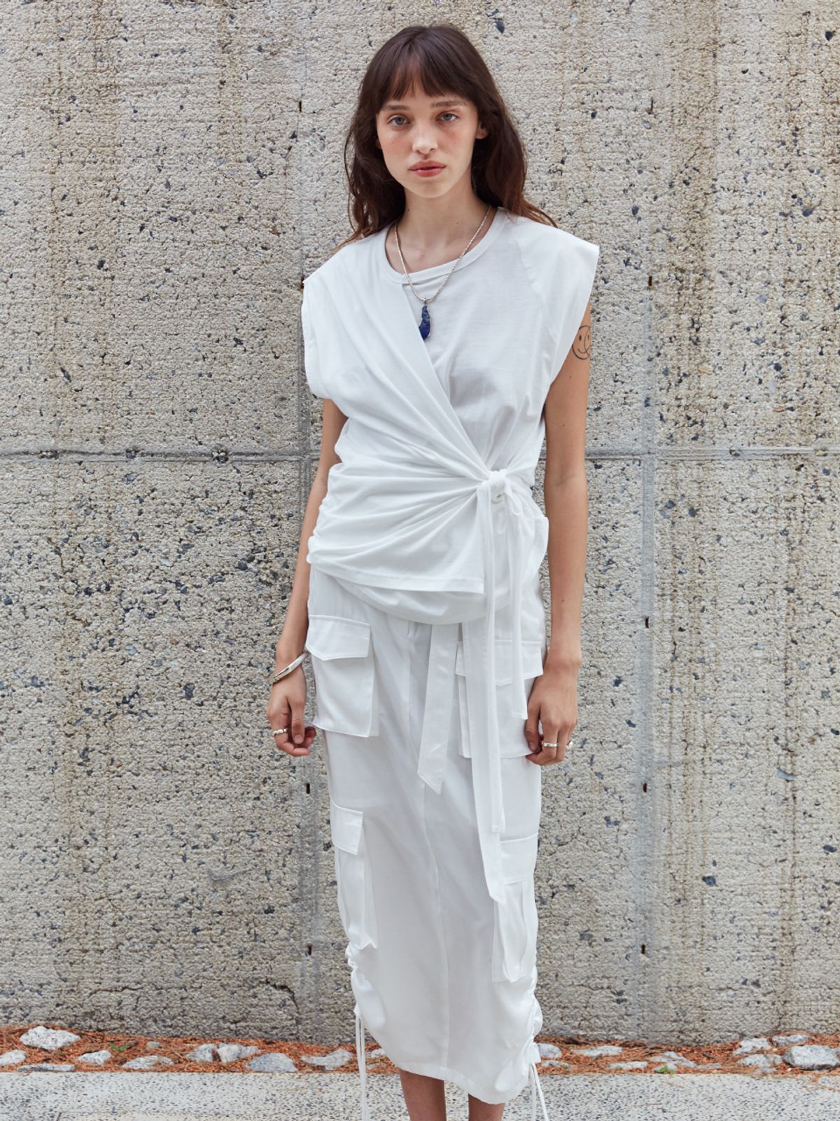 뮤제(MUSEE) DESSINE Draped Sleeveless Jersey Top-White