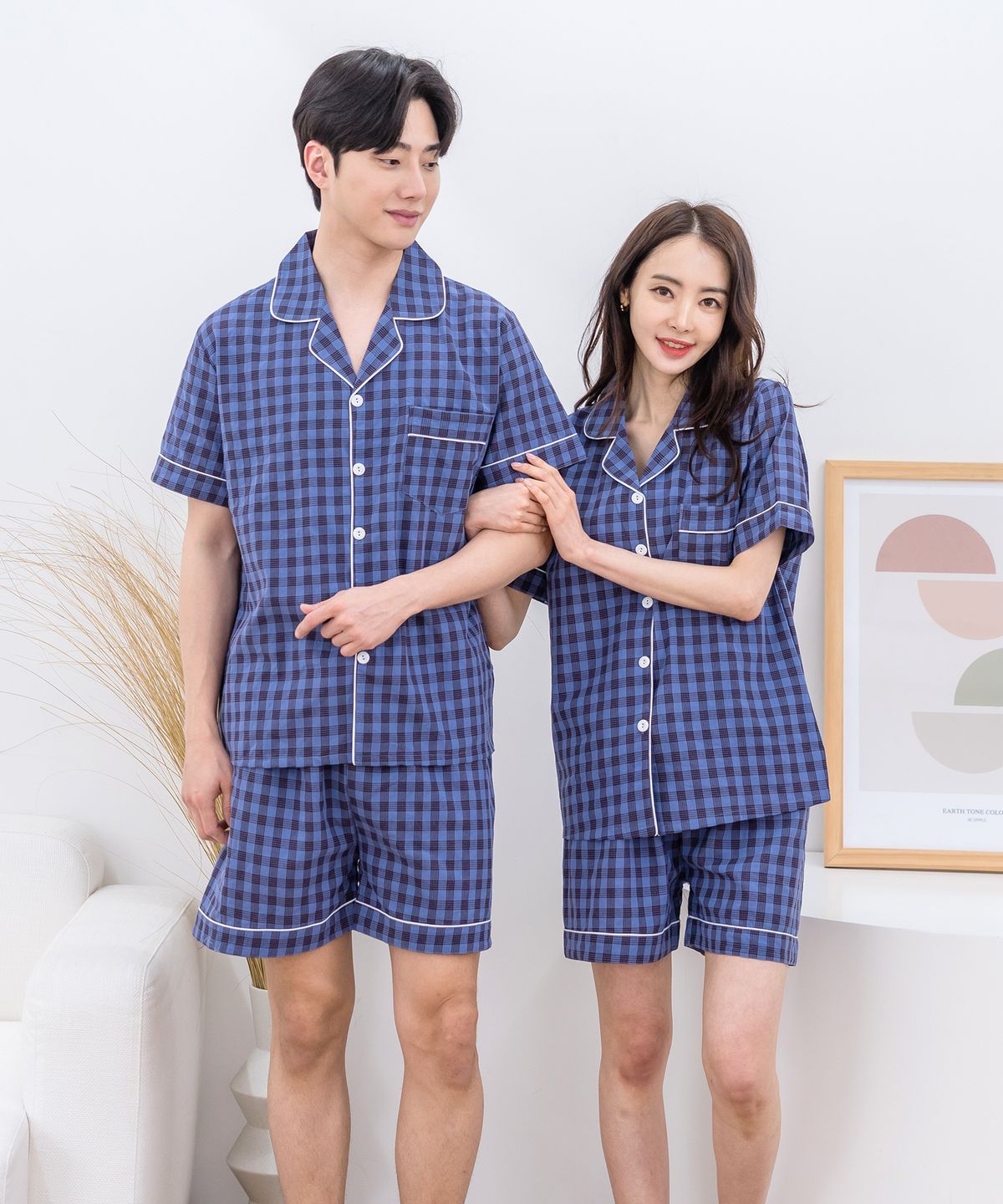 에이원(AONE) [SET] 커플 잔체크 반팔 상하 잠옷