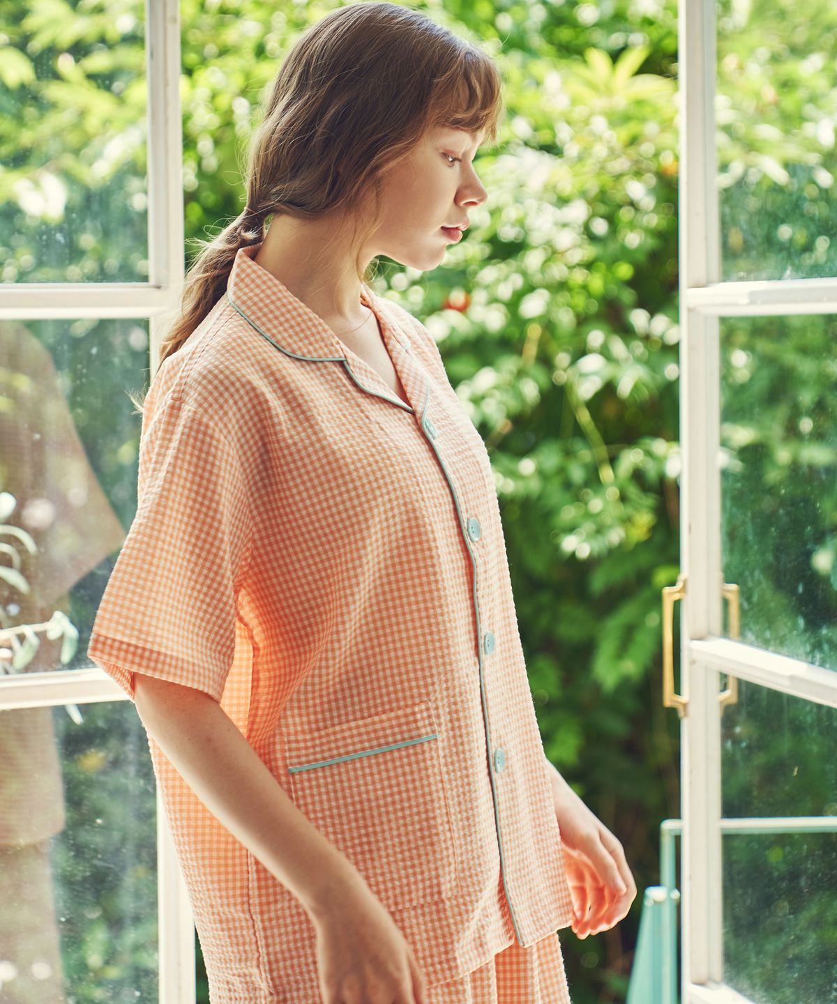 이루시다(IRUSIDA) 살구 체크 페어 반팔 커플 잠옷