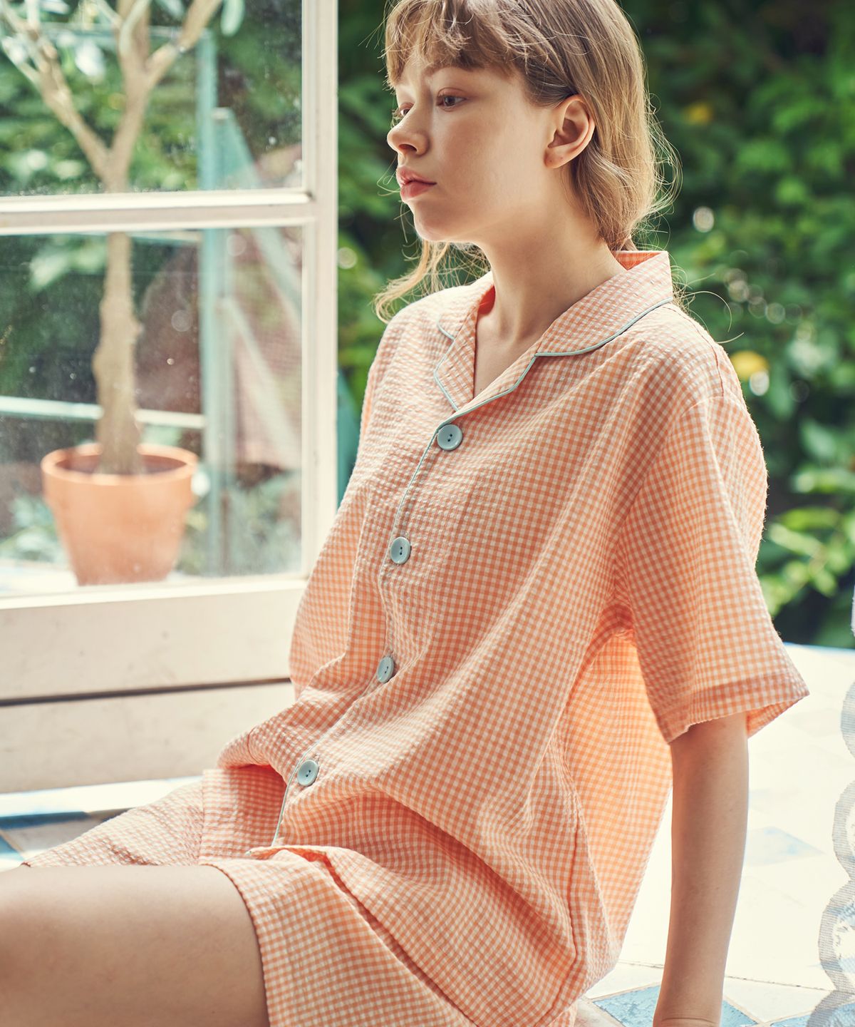 이루시다(IRUSIDA) 살구 체크 페어 반팔 커플 잠옷