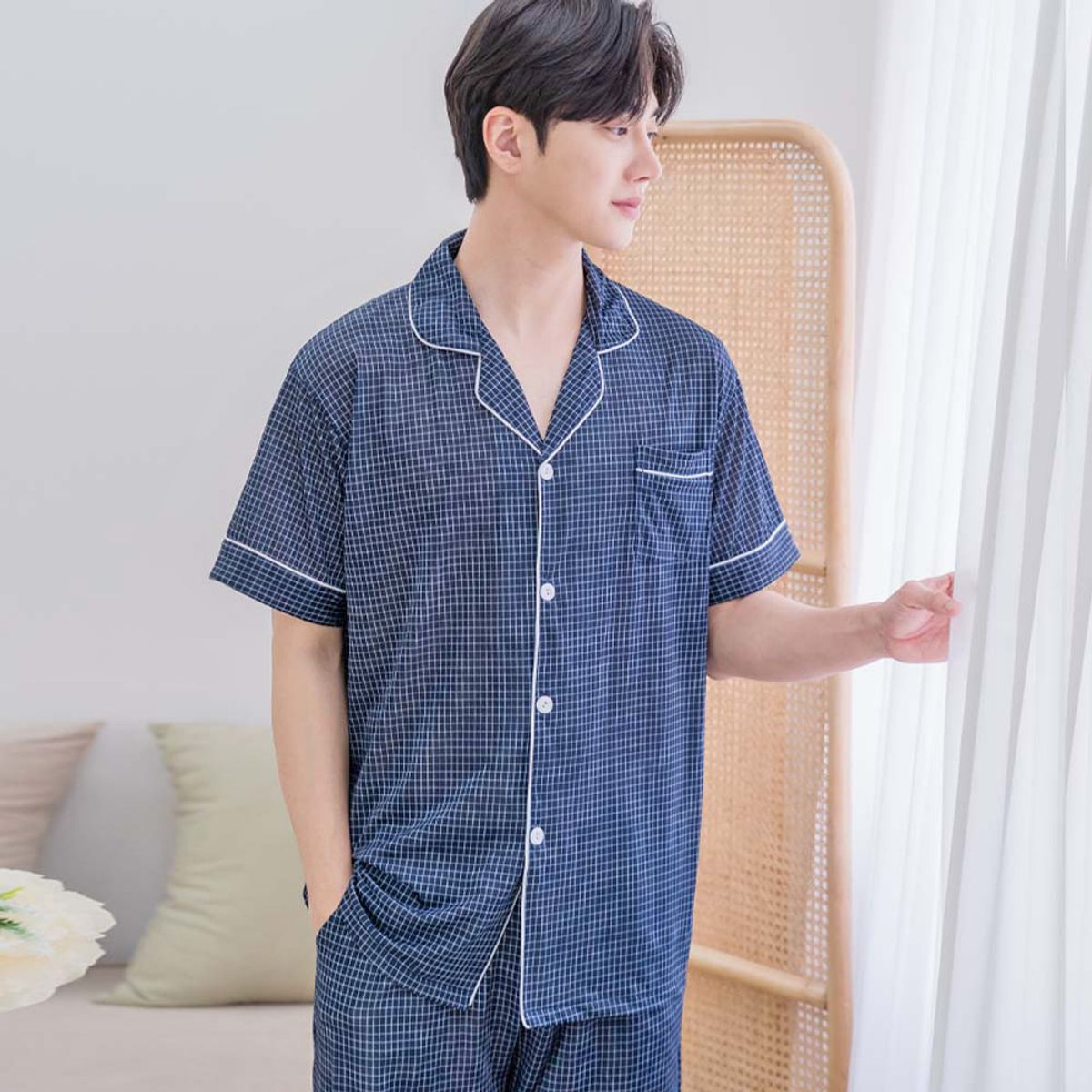 에이원(AONE) [SET] 냉감 체크 반팔 커플 상하 잠옷
