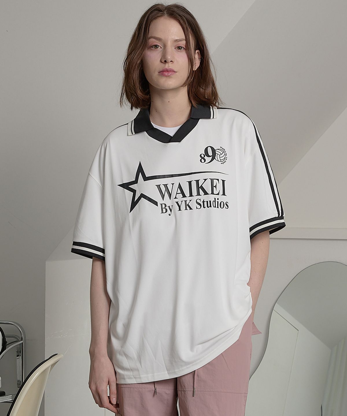 와이케이(WAIKEI) 스타 로고 카라 져지 반팔티셔츠 오프화이트