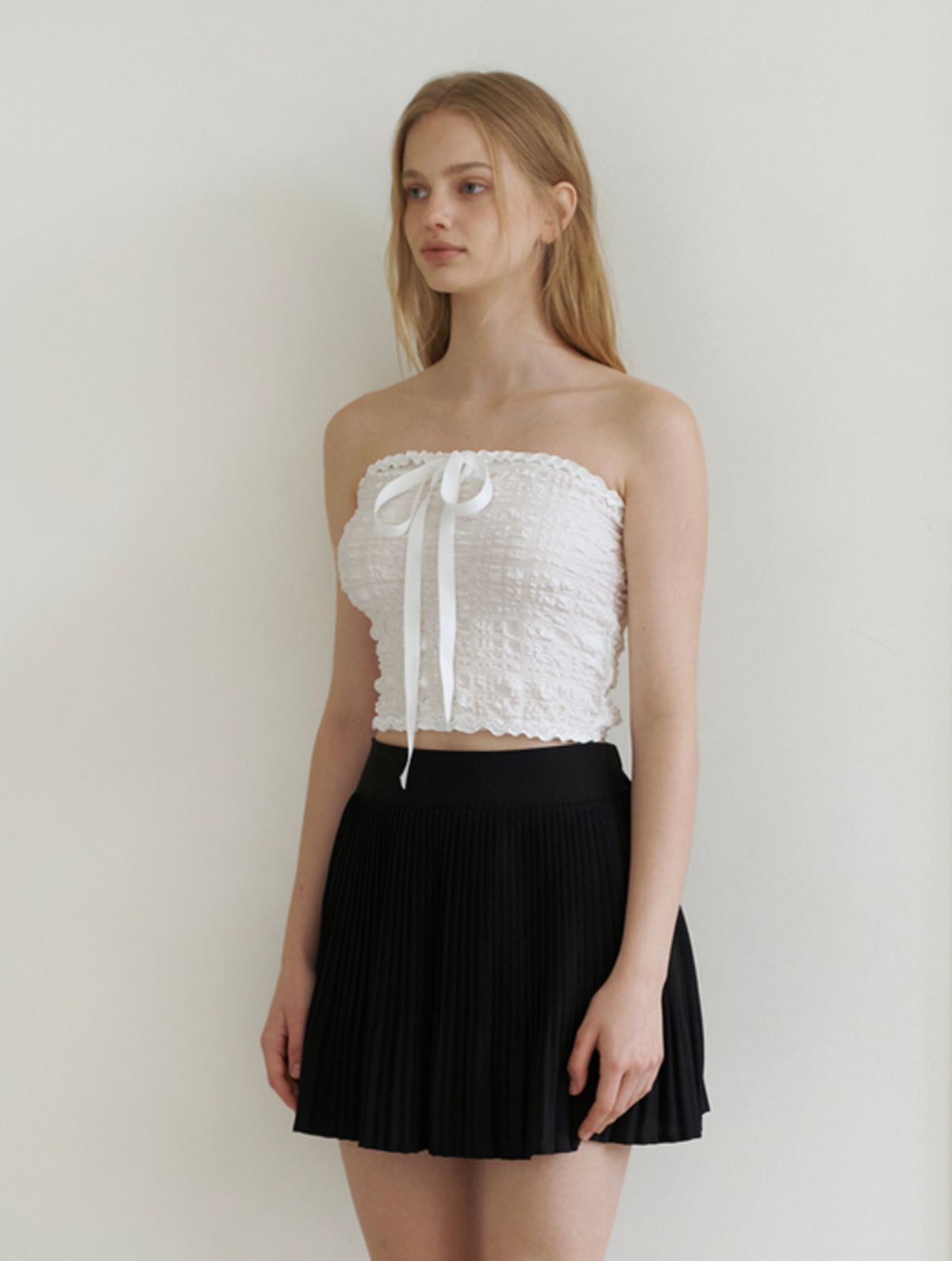 카인더베이비(KINDABABY) ribbon ckeck tube top blouse - white