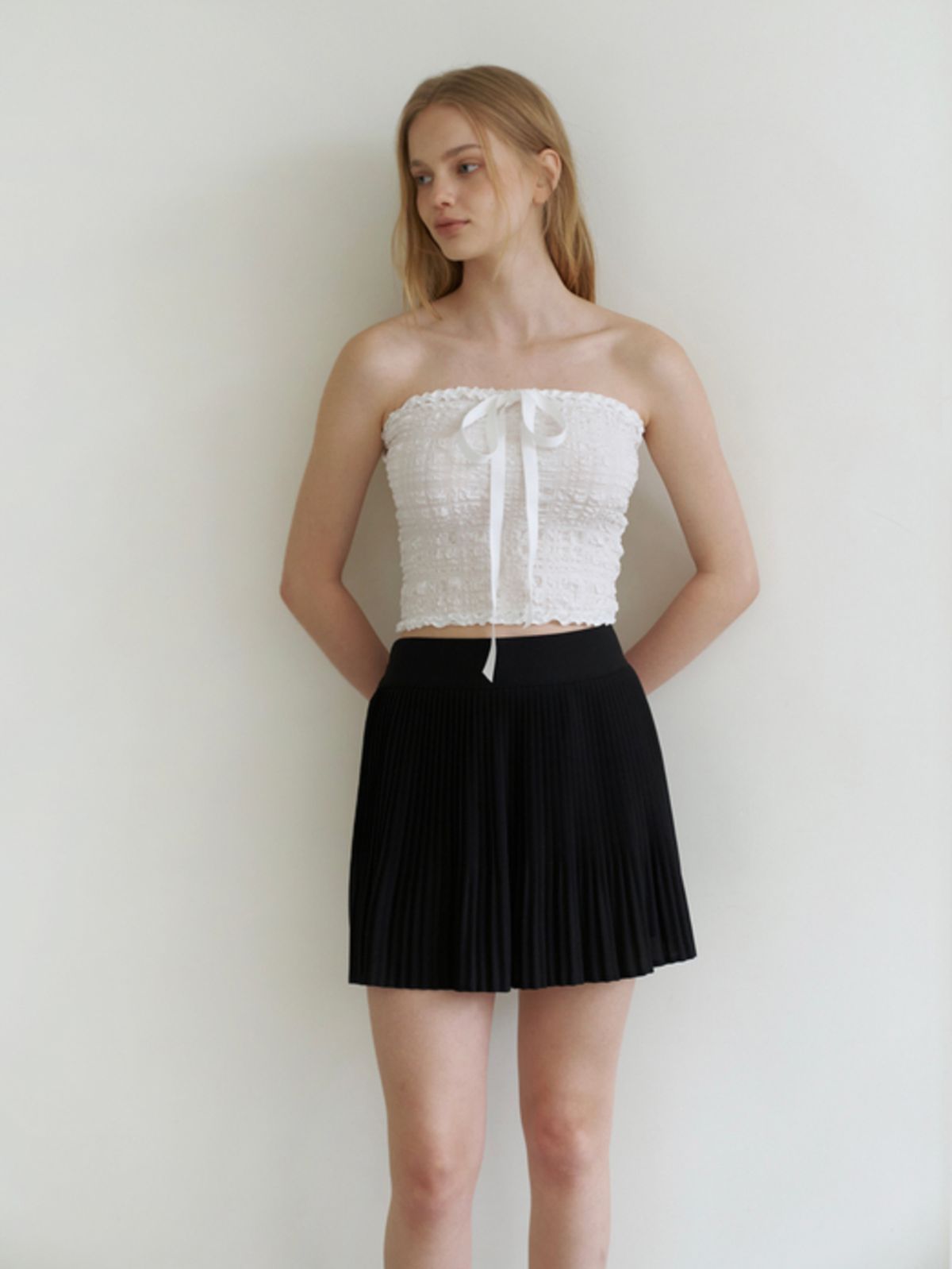 카인더베이비(KINDABABY) ribbon ckeck tube top blouse - white