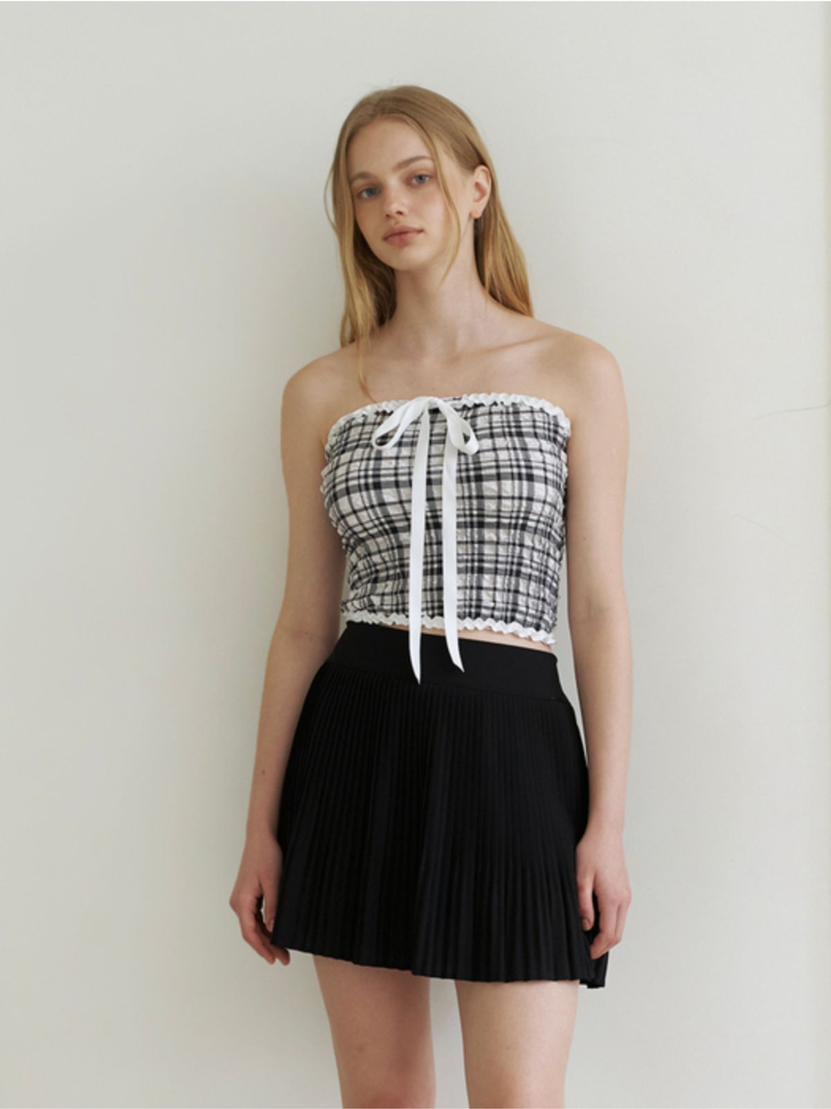 카인더베이비(KINDABABY) ribbon check tube top blouse - black
