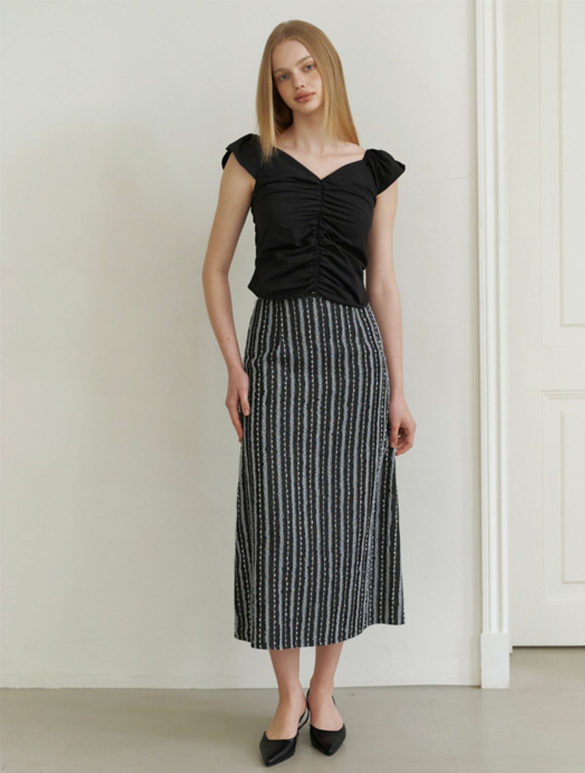 카인더베이비(KINDABABY) lace denim long skirt - black