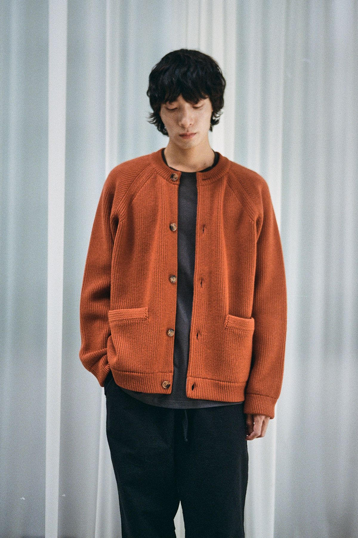 홀리선(HORLISUN) Annette Superfine Wool Heavy Rib Knit Cardigan Rust Orange