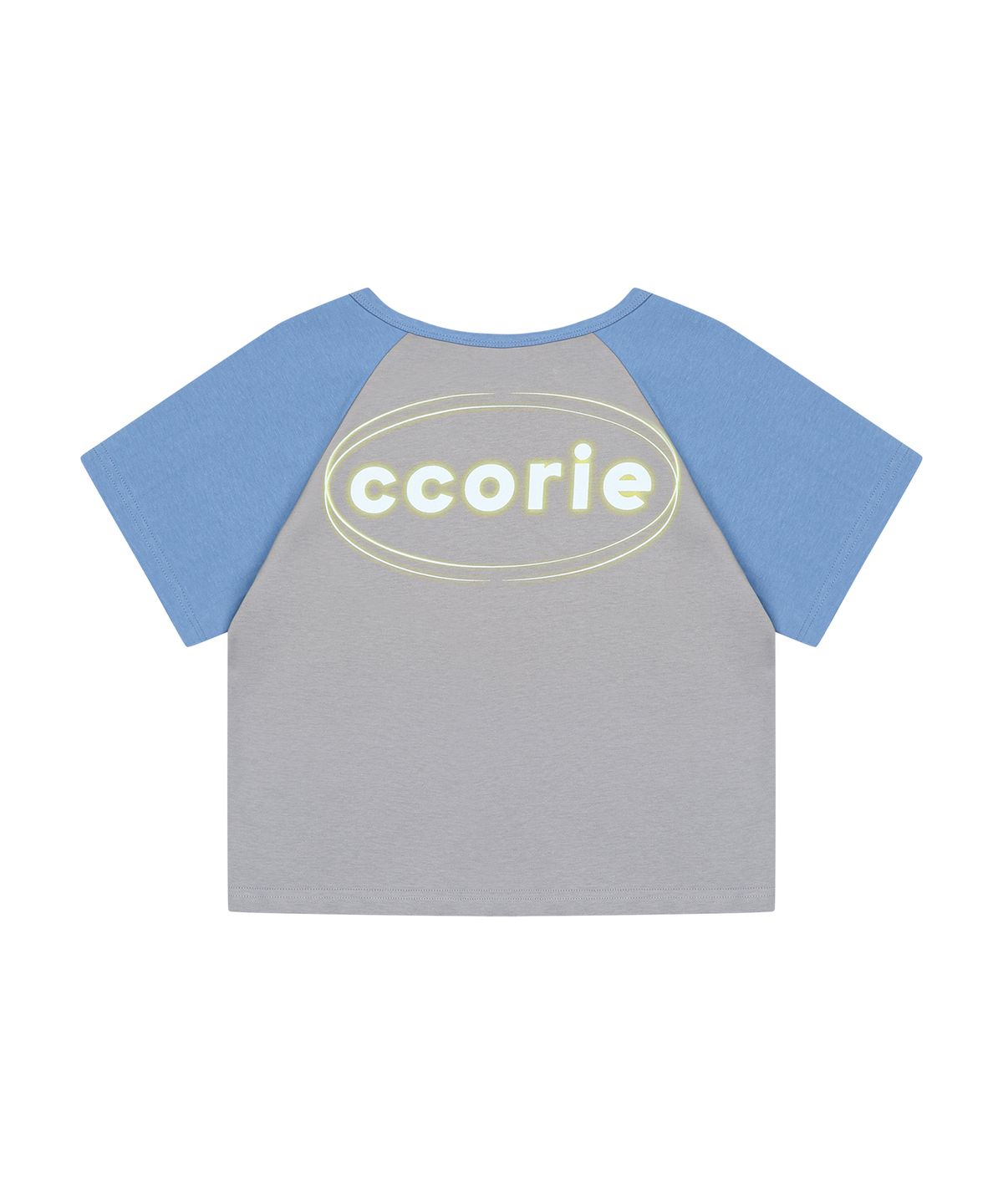 꼬리에(CCORIE) 로고 레글런 크롭 반팔 티셔츠 블루 그레이