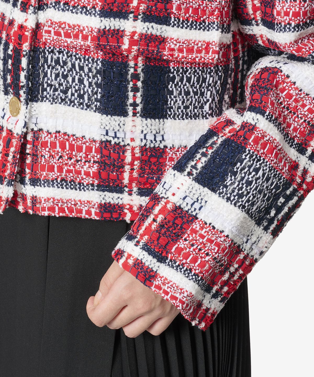 톰 브라운(THOM BROWNE) 마드라스 체크 셔닐 트위드 라운드 칼라 유틸리티 재킷 - 멀티컬러 / FBC835AF0244960