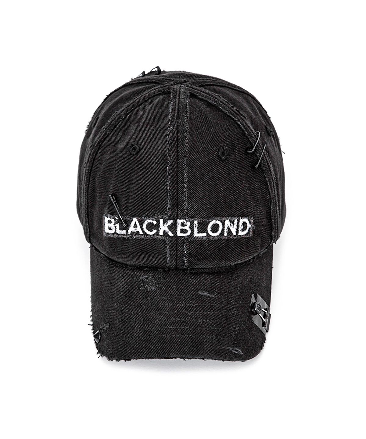 블랙블론드(BLACKBLOND) 비비디 크로스 데미지 커스텀 데님 캡 (블랙)