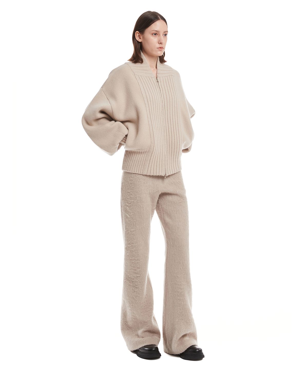 트렁크프로젝트(TRUNK PROJECT) Beige Bomber Zip-Up Knit Cardigan