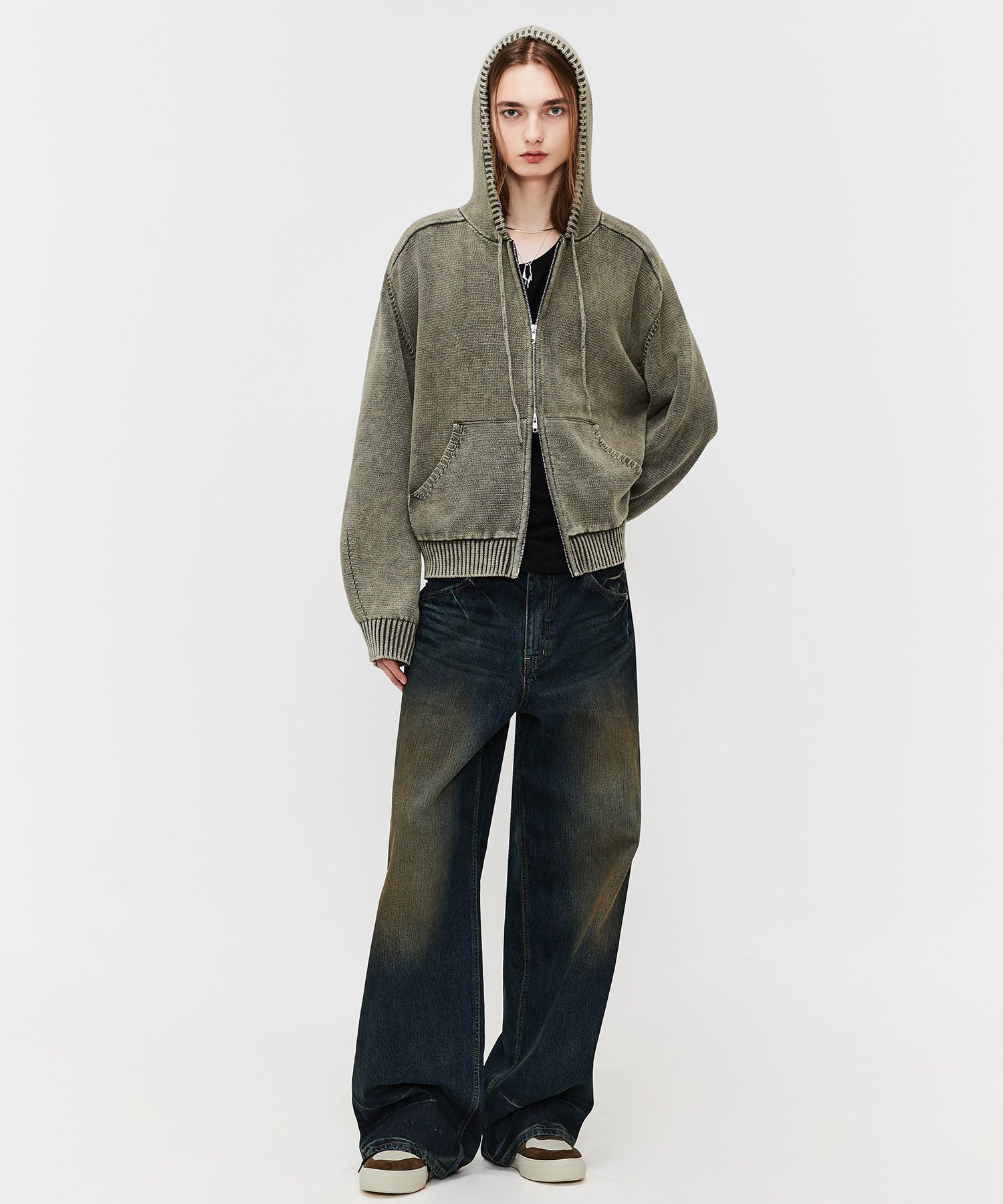 MUSINSA | LMOOD Peace Dyed Hoodie Knit Zip Up Vintage Khaki