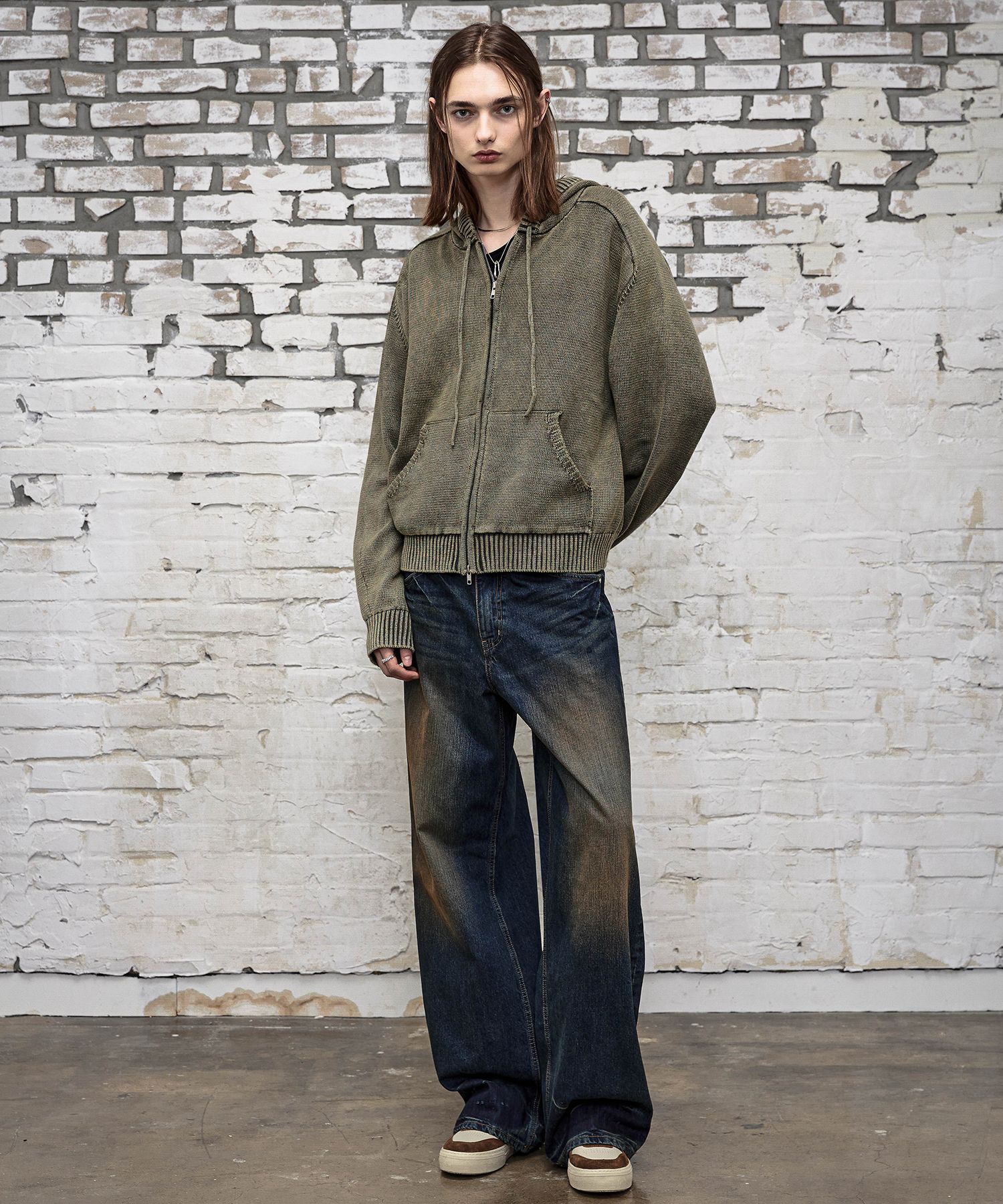MUSINSA | LMOOD Peace Dyed Hoodie Knit Zip Up Vintage Khaki