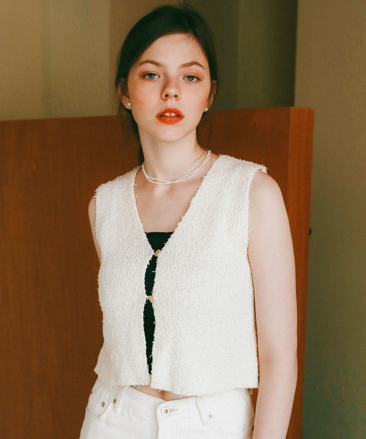 로시로우(LOSSYROW) Bookle Open Knit Vest Beige
