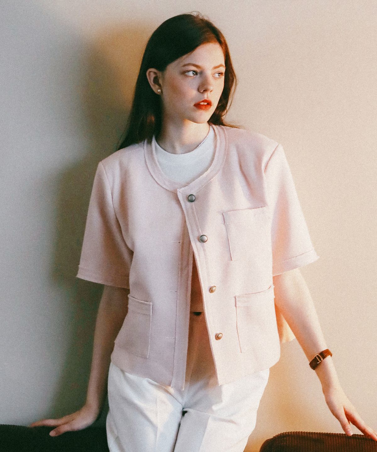 로시로우(LOSSYROW) Tweed half jacket Baby pink