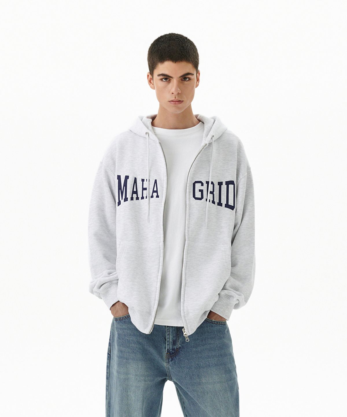 마하그리드(MAHAGRID) APPLIQUE ZIP UP HOODIE LIGHT GREY(MG2CFMM428A)