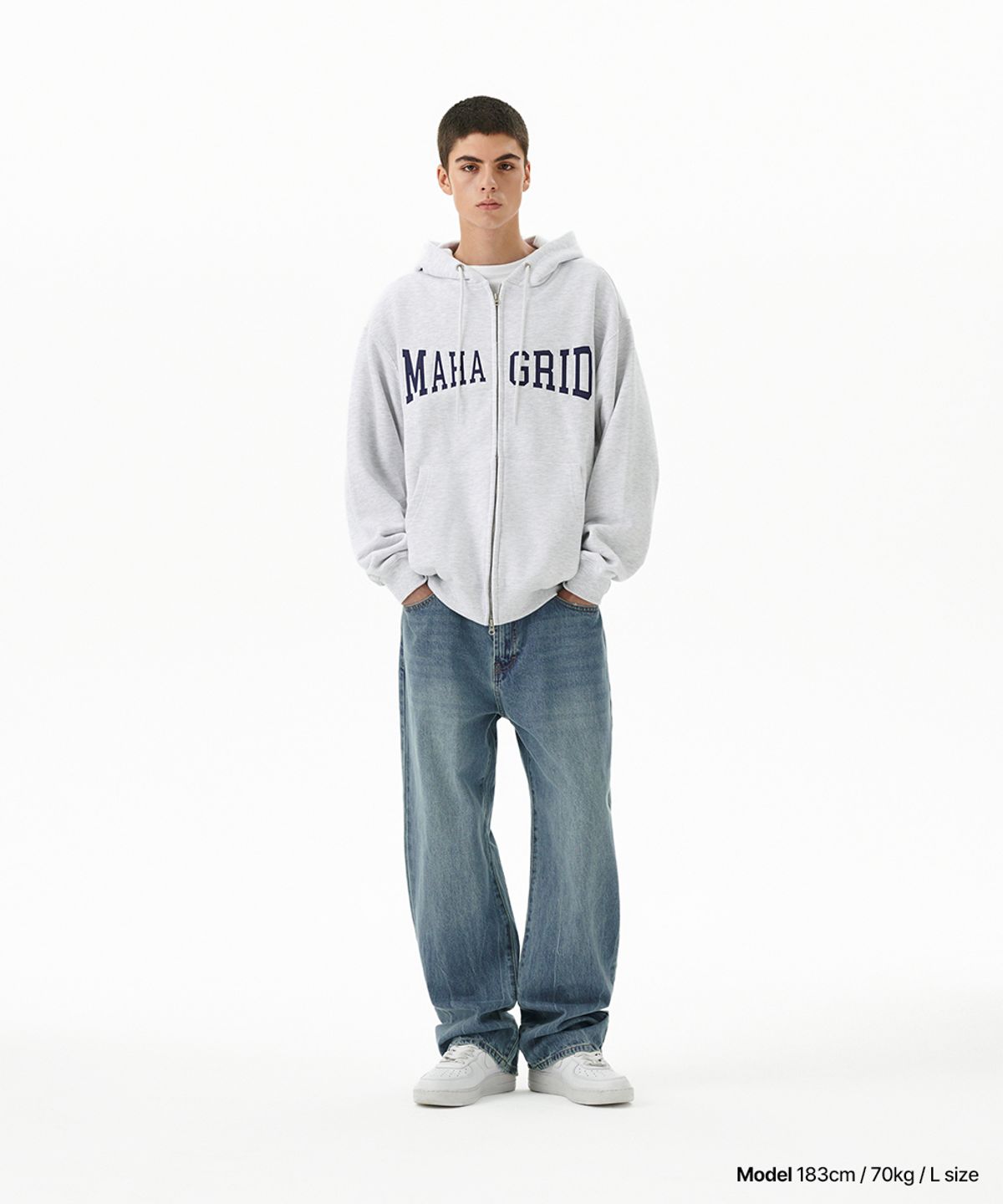 마하그리드(MAHAGRID) APPLIQUE ZIP UP HOODIE LIGHT GREY(MG2CFMM428A)