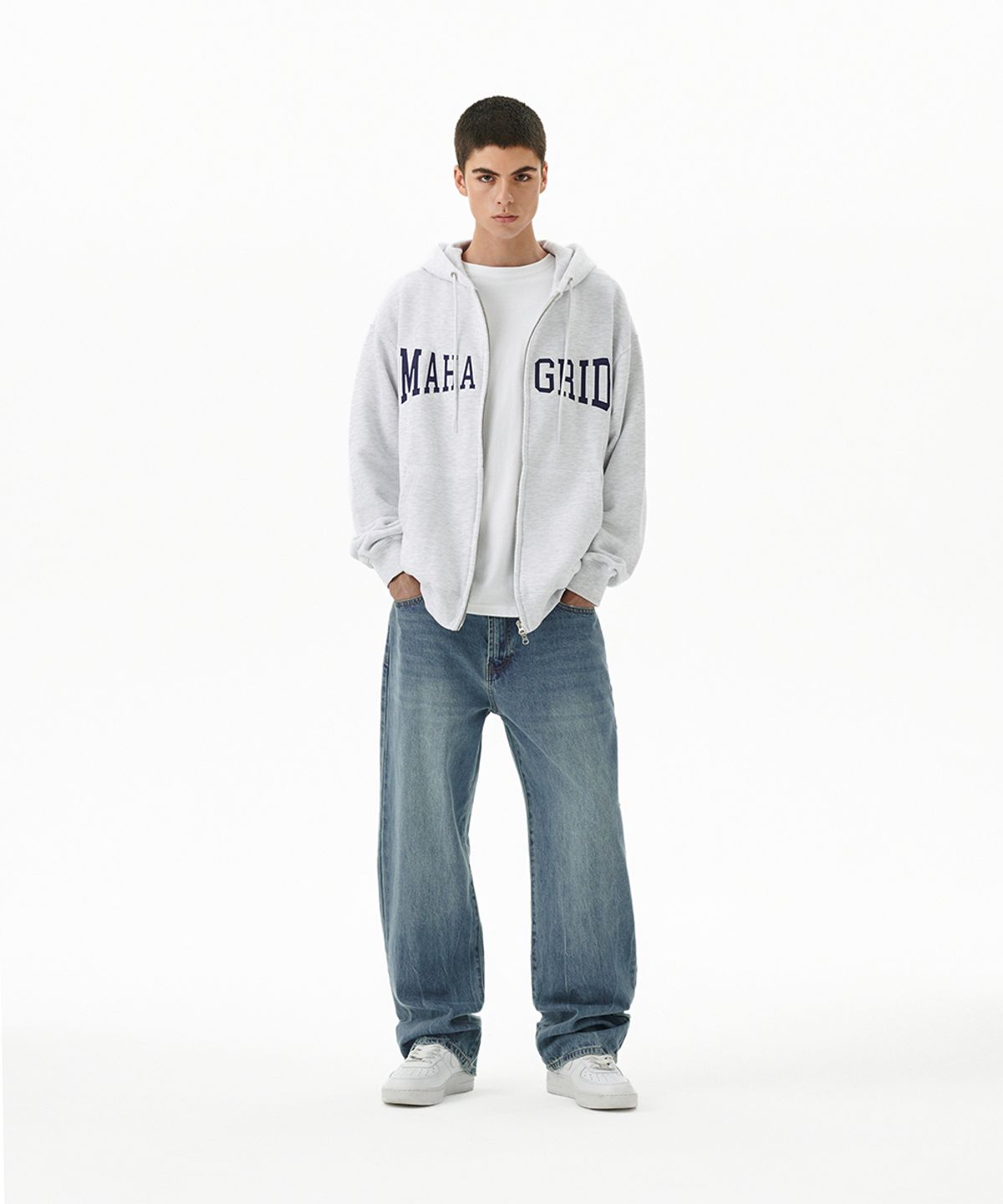 마하그리드(MAHAGRID) APPLIQUE ZIP UP HOODIE LIGHT GREY(MG2CFMM428A)
