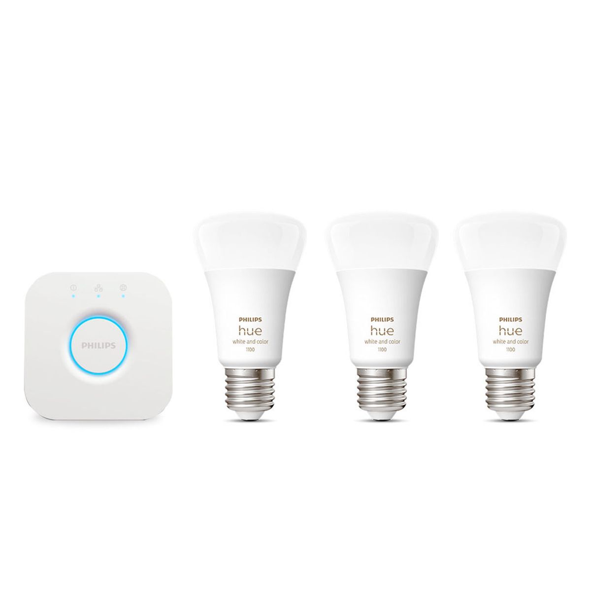 필립스 휴(PHILIPS HUE) 휴 화이트&컬러 앰비언스 스타터킷 1100 루멘 전구3개 브릿지1개 패키지