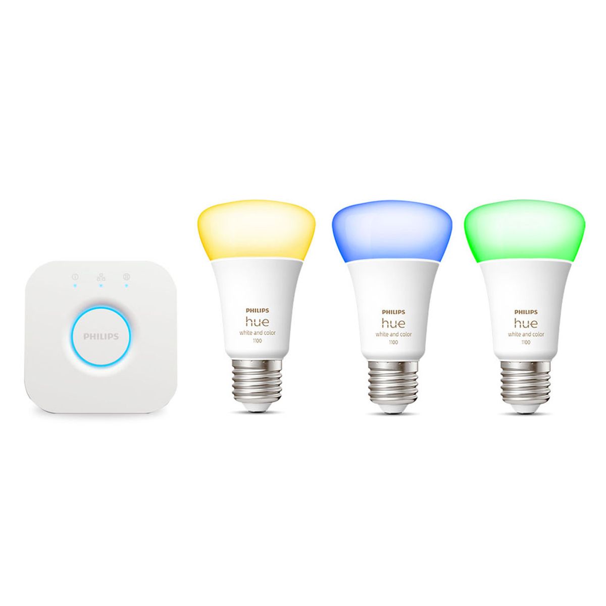 필립스 휴(PHILIPS HUE) 휴 화이트&컬러 앰비언스 스타터킷 1100 루멘 전구3개 브릿지1개 패키지