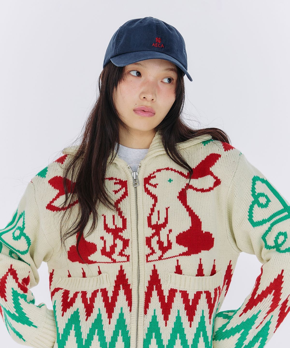 에이카화이트(AECA) AECA COWICHAN ZIP UP KNIT-IVORY