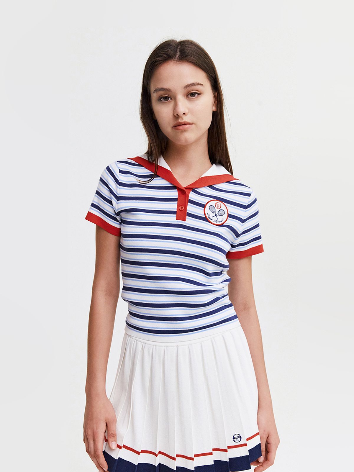 세르지오 타키니(SERGIO TACCHINI) W 사바티니 스트라이프 세일러카라 반팔 스웨터 (White)