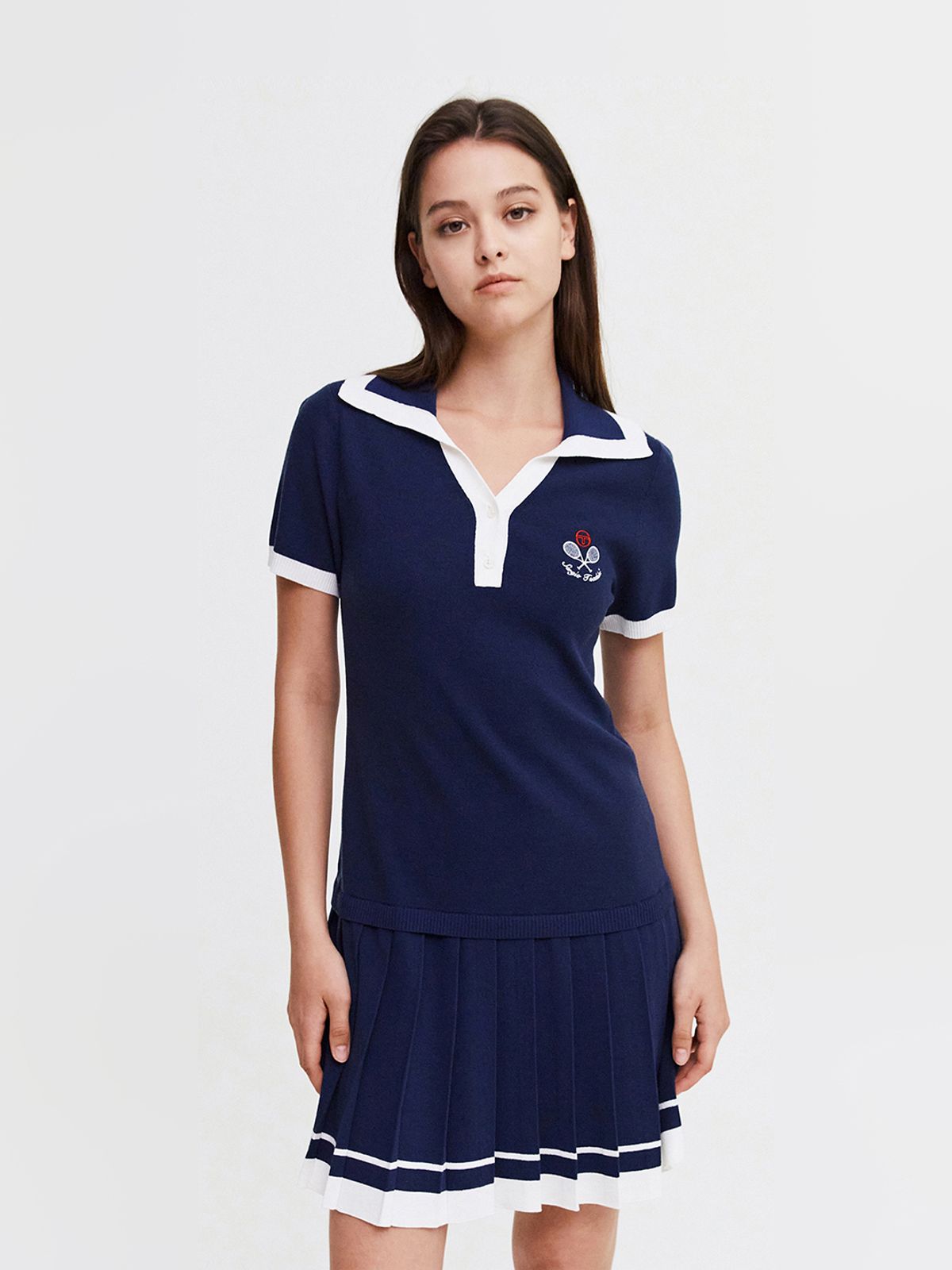 세르지오 타키니(SERGIO TACCHINI) W 사바티니 플리츠 오픈카라 반팔 스웨터 드레스 (Navy)