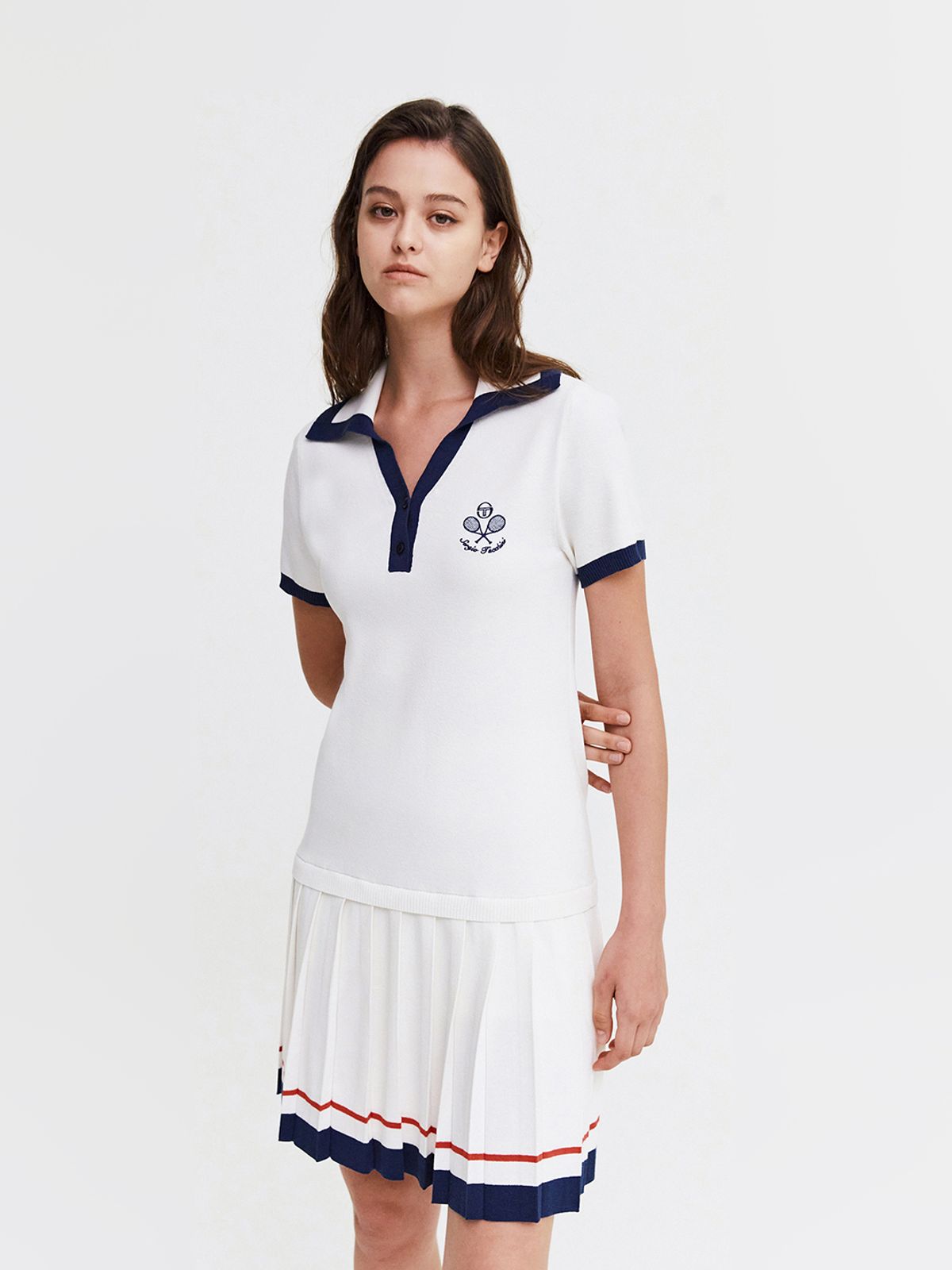 세르지오 타키니(SERGIO TACCHINI) W 사바티니 플리츠 오픈카라 반팔 스웨터 드레스 (White)
