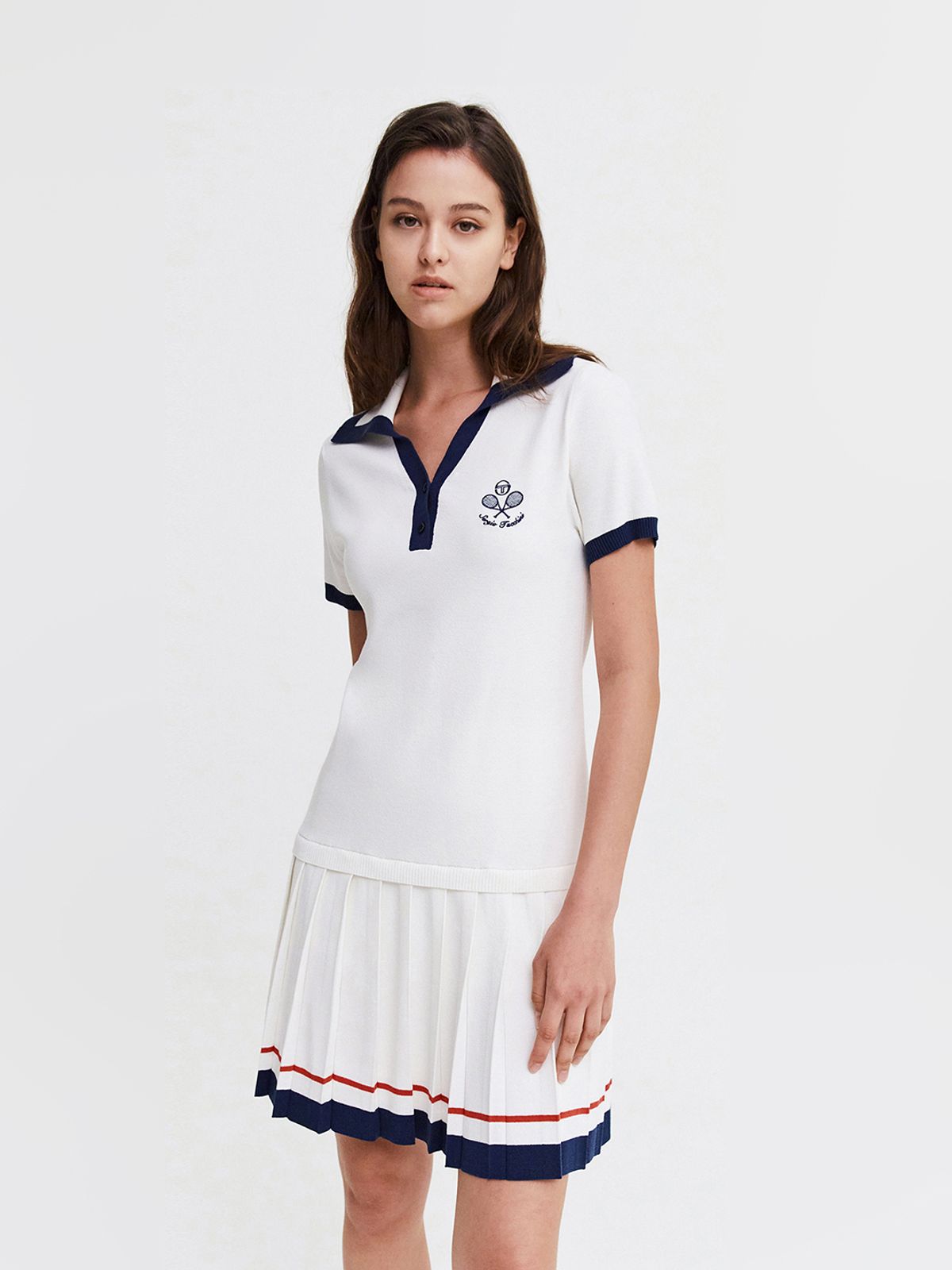세르지오 타키니(SERGIO TACCHINI) W 사바티니 플리츠 오픈카라 반팔 스웨터 드레스 (White)