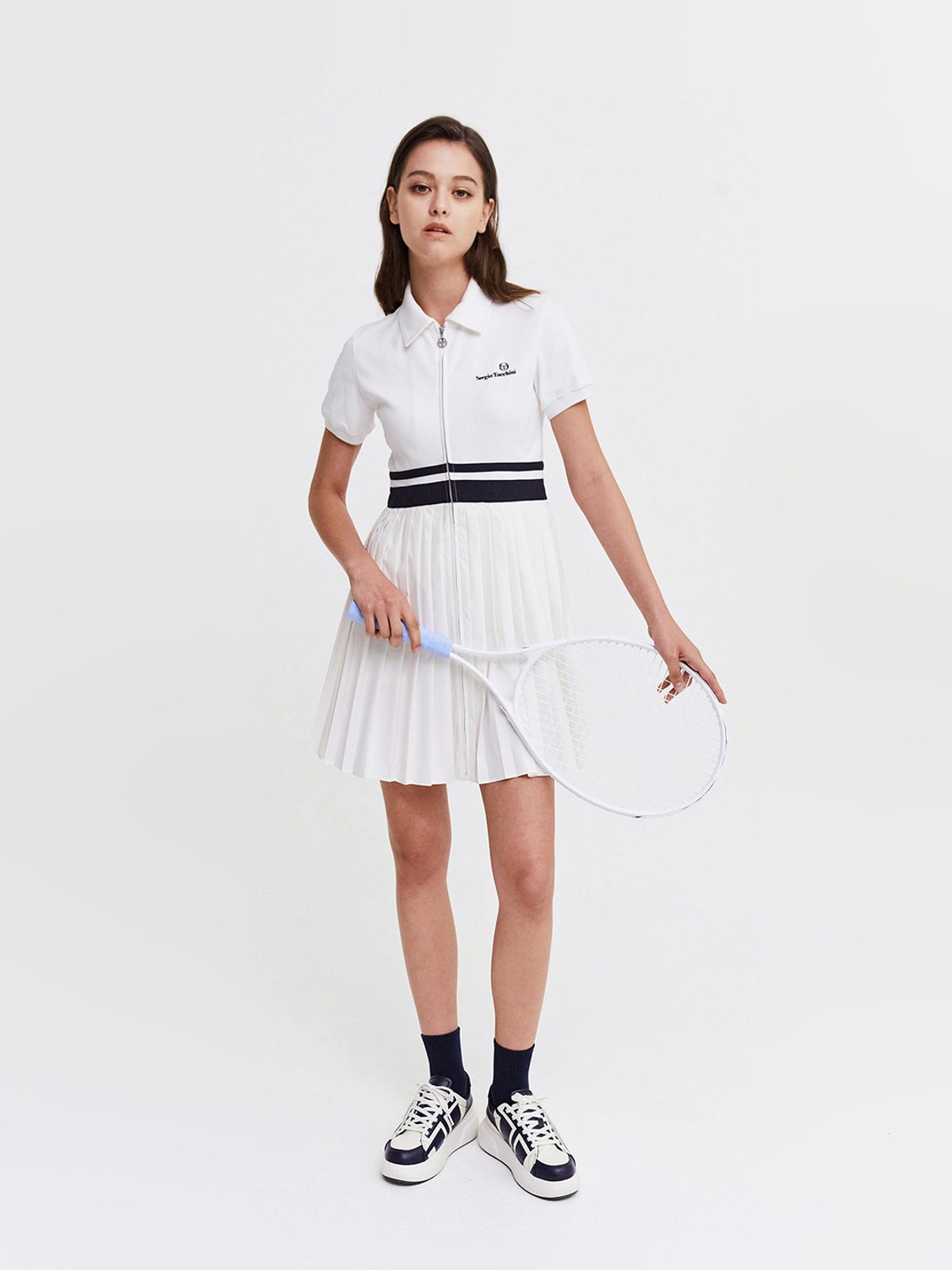 세르지오 타키니(SERGIO TACCHINI) W 다마린도 저지우븐믹스 풀집 반팔 드레스 (White)