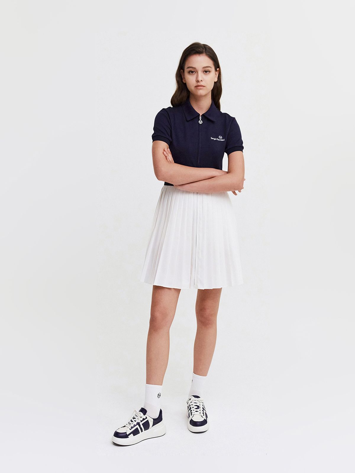 세르지오 타키니(SERGIO TACCHINI) W 다마린도 저지우븐믹스 풀집 반팔 드레스 (Navy)