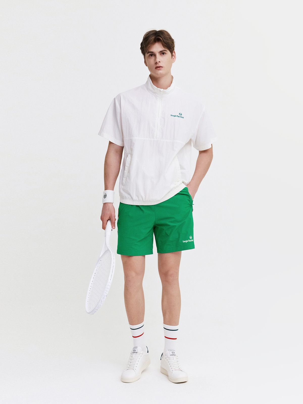 세르지오 타키니(SERGIO TACCHINI) M 크루 우븐 하프집 반팔 아노락 (White)