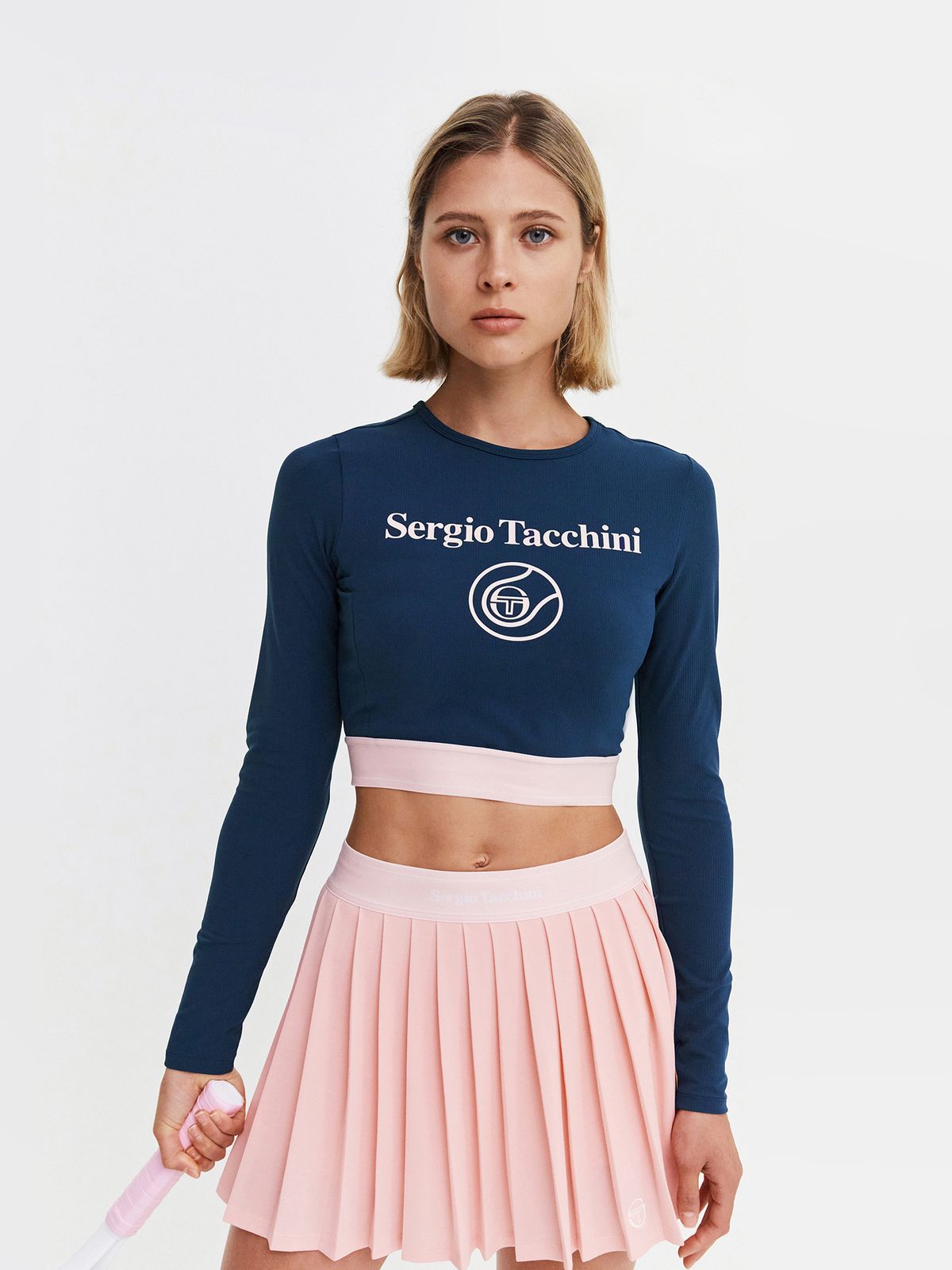 세르지오 타키니(SERGIO TACCHINI) W 크루 SP 라운드넥 긴팔 크롭 티셔츠 (Navy)