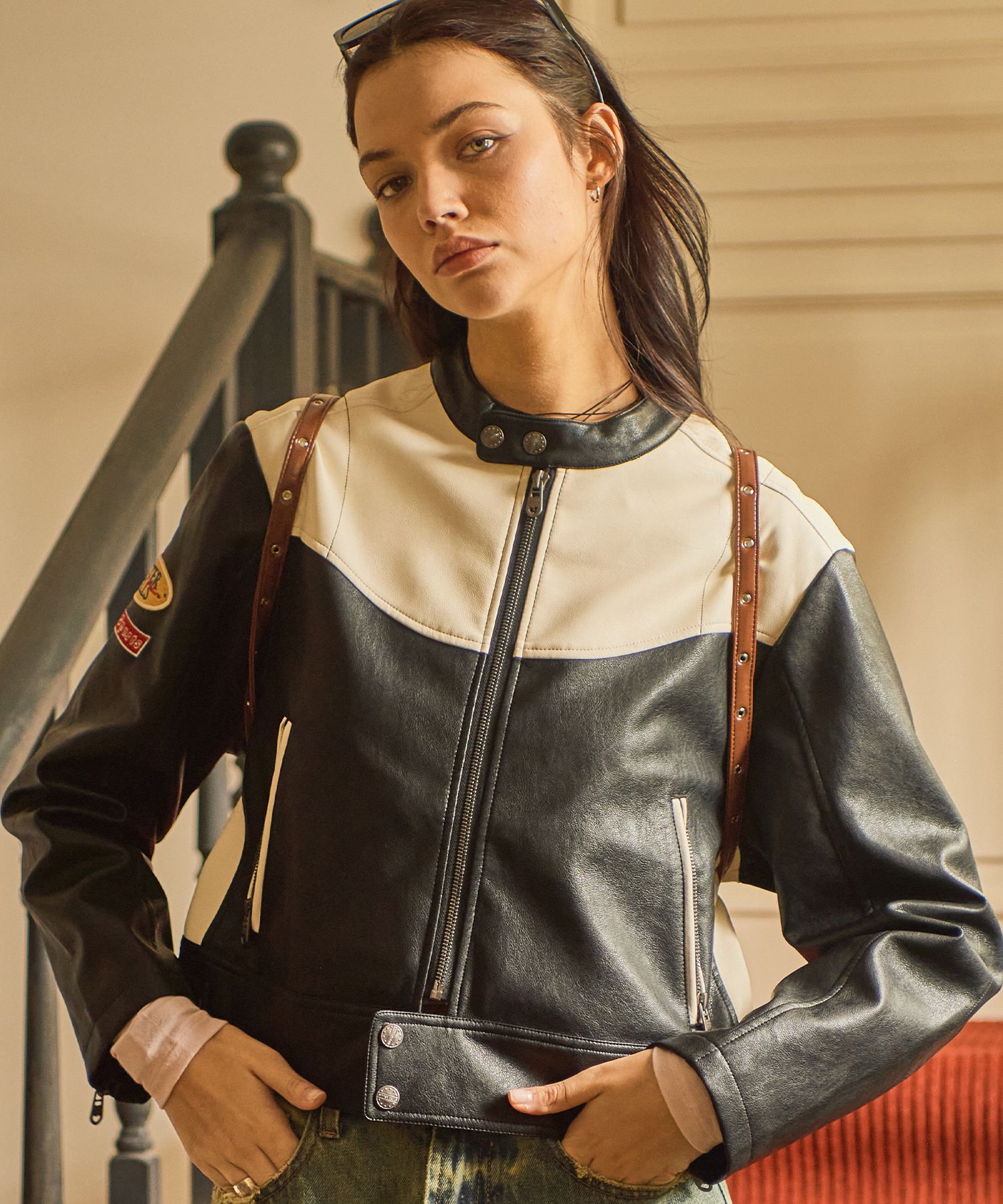 ☆【BITTER CELLS】☆Vintage Racing Leather Jacket(Overfi.t) MUSINSA | BITTERCELLS Eco Leather Racing Jacket - Black