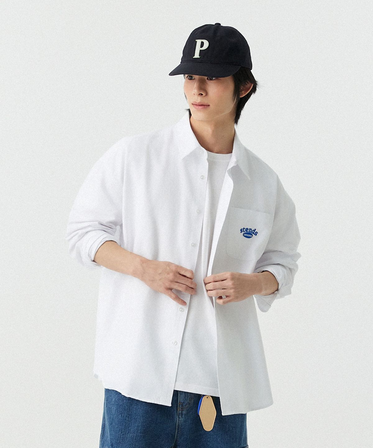 스탠즈(STENDS) [M~4XL] 아치 로고 옥스포드 워싱 셔츠_화이트