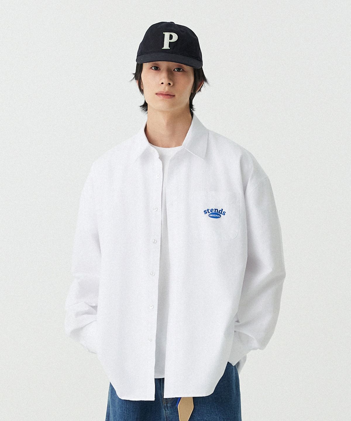 스탠즈(STENDS) [M~4XL] 아치 로고 옥스포드 워싱 셔츠_화이트
