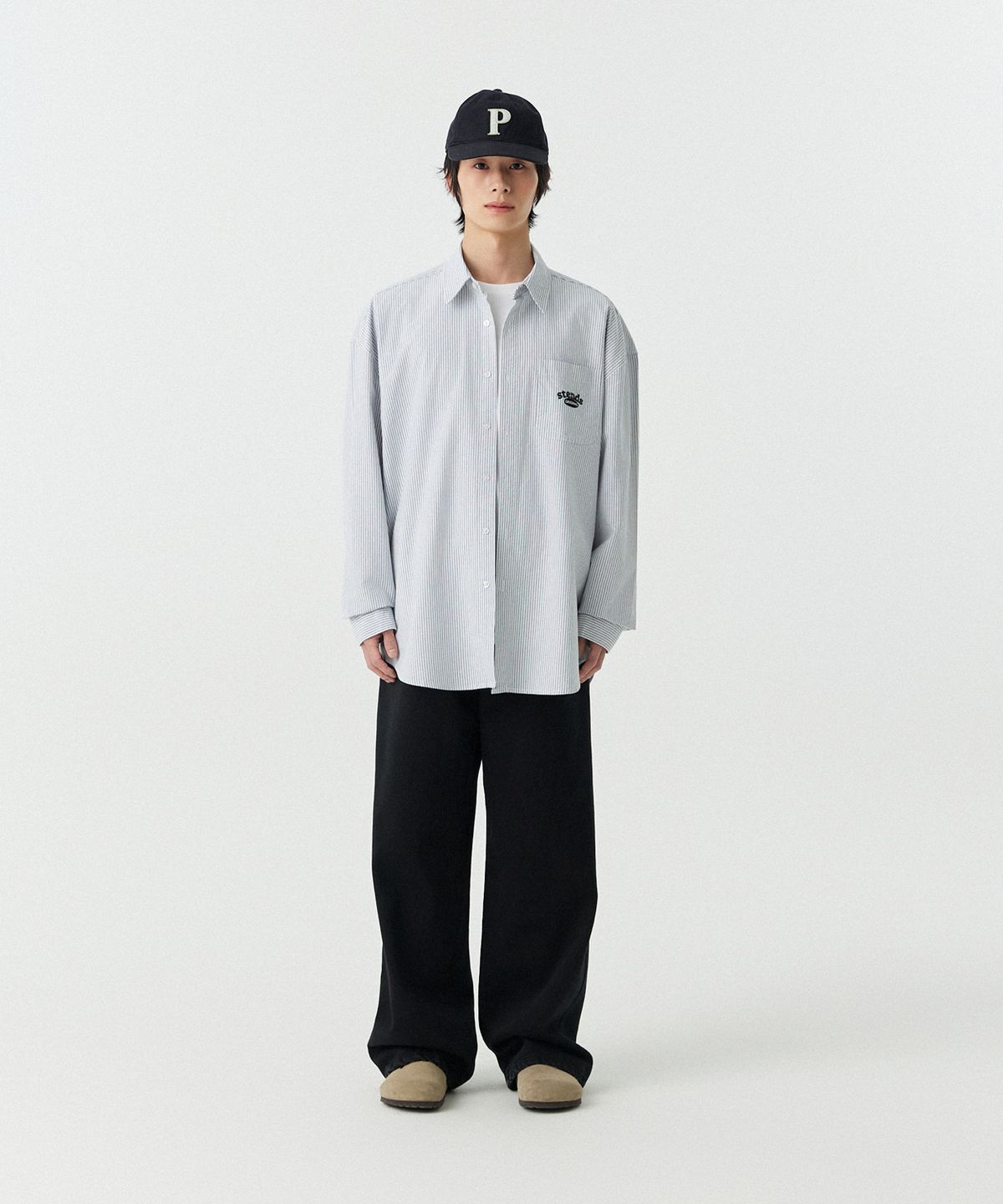 스탠즈(STENDS) [M~4XL] 아치 로고 옥스포드 워싱 셔츠_스트라이프 블랙