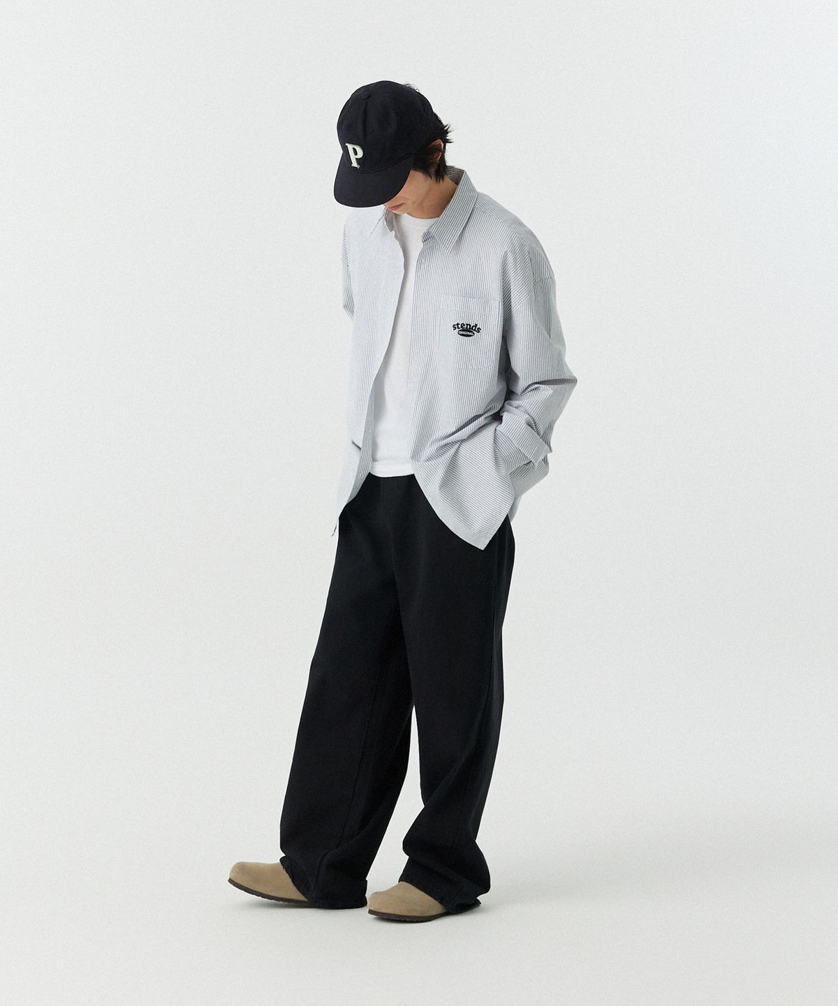 스탠즈(STENDS) [M~4XL] 아치 로고 옥스포드 워싱 셔츠_스트라이프 블랙