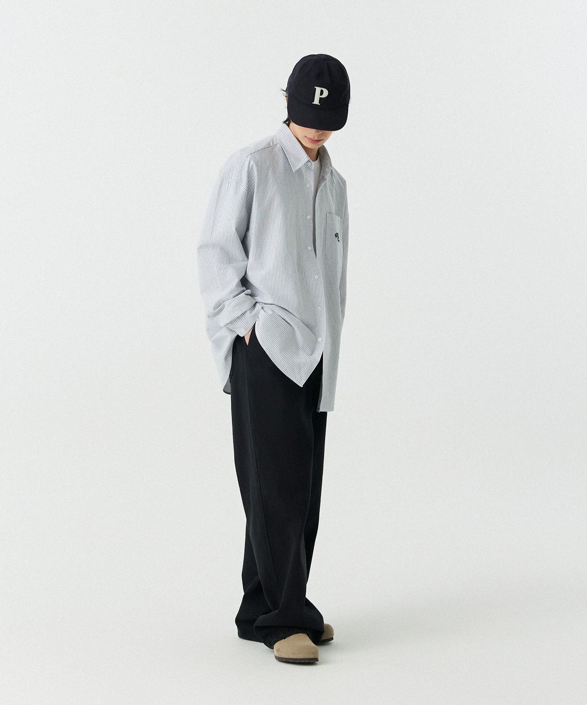 스탠즈(STENDS) [M~4XL] 아치 로고 옥스포드 워싱 셔츠_스트라이프 블랙