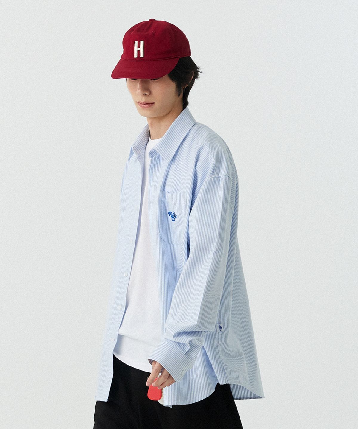 스탠즈(STENDS) [M~4XL] 아치 로고 옥스포드 워싱 셔츠_스트라이프 블루