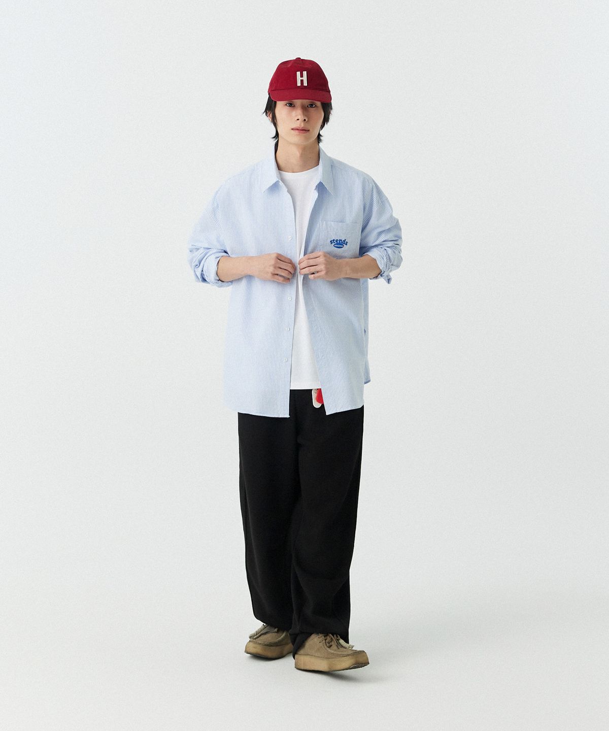 스탠즈(STENDS) [M~4XL] 아치 로고 옥스포드 워싱 셔츠_스트라이프 블루