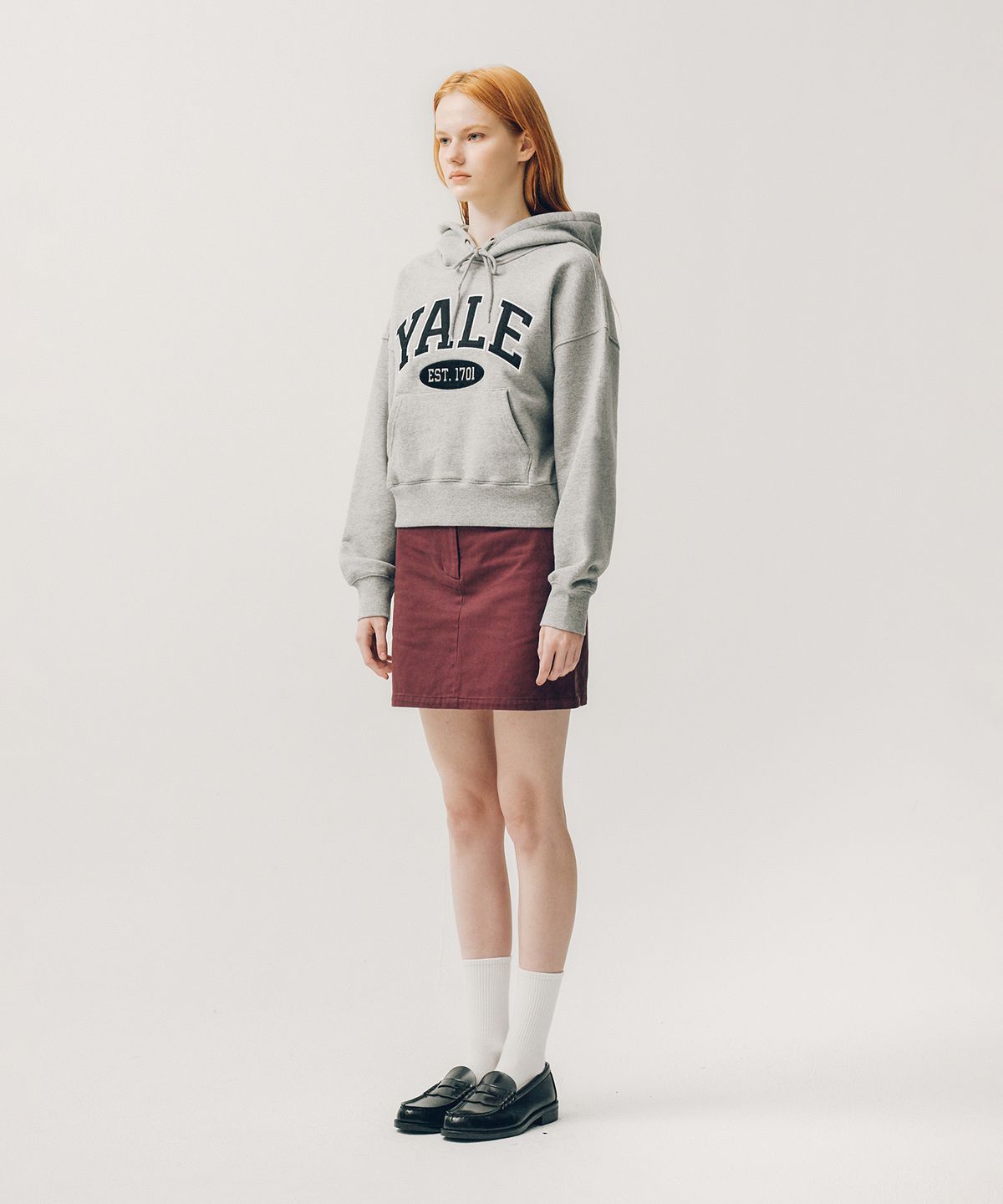 예일(YALE) 투톤아치 크롭 후드_그레이