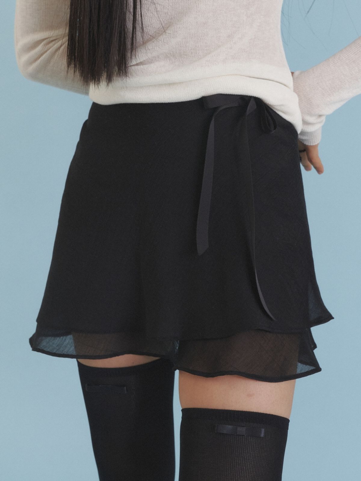 러브미몬스터(LOVE ME MONSTER) Love Ribbon Sheer Layered Wrap Skirt_BK