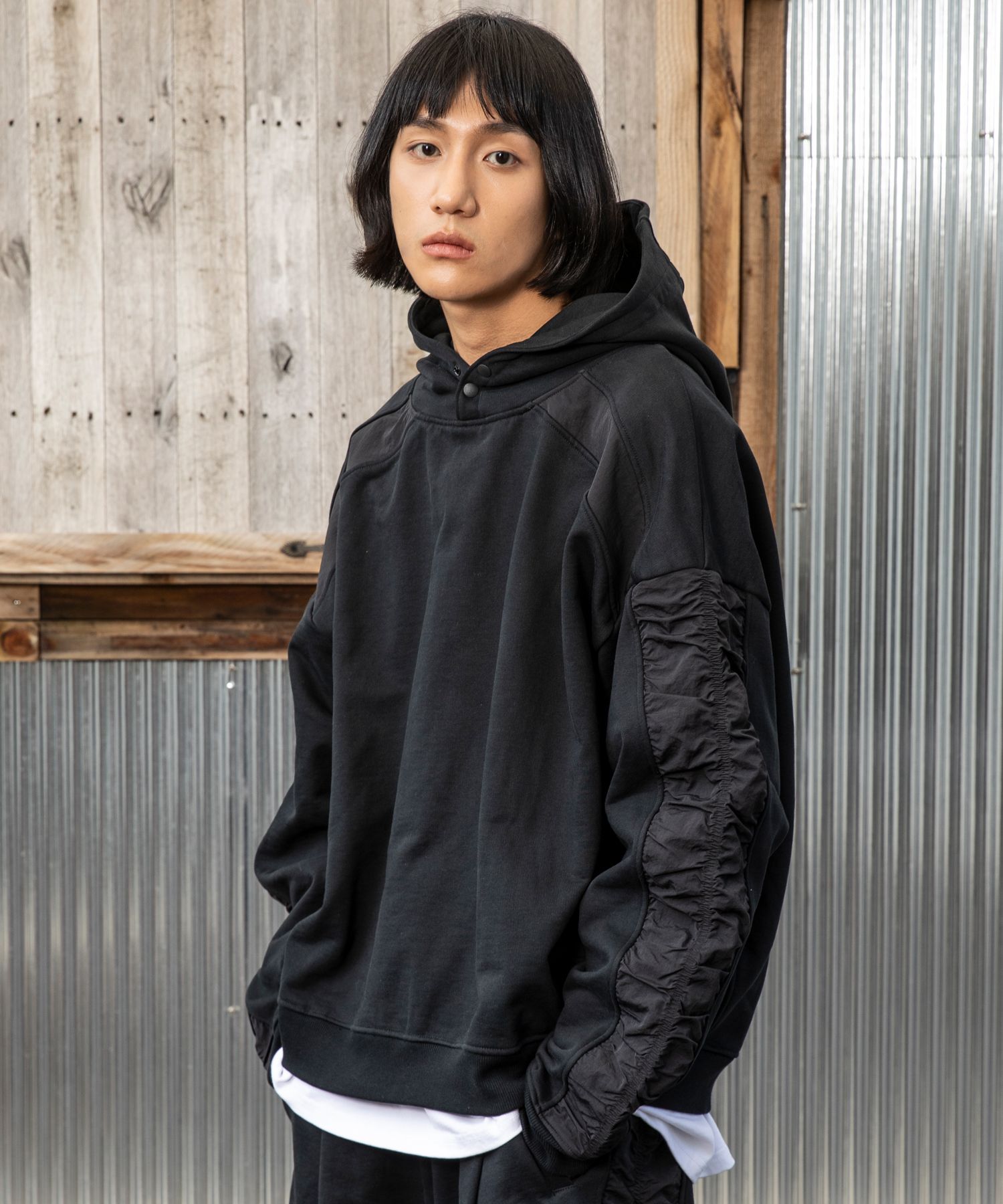 ★XTONZ★ XTT057 Loose fit shirring nylon cotton hoodie GRAY MUSINSA | XTONZ XTT057 Loose Fit Shirring Nylon Cotton